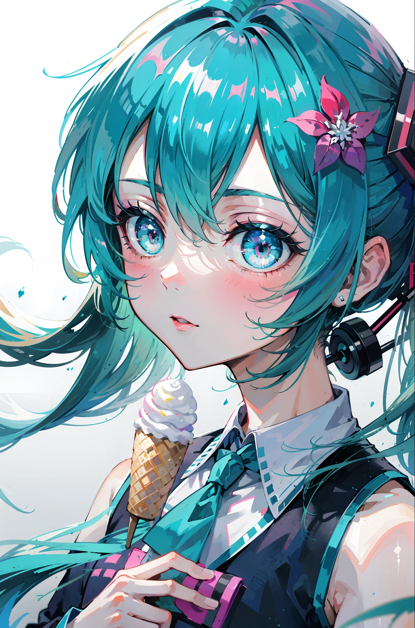 miku hatsune : 1.1, blue hair: 1.2, school uniform, Daytime: 1.2,In the garden: 1.1, flower, Film lighting, Surrealism, UHD, accurate, Super detail, textured skin, High detail, Best quality, 8k,Thin bangs, (colorful splashes),colorful bubble,(shining), thick sexy body, sleeveless, well drawn hands, licking ice cream, side view, wallpaper