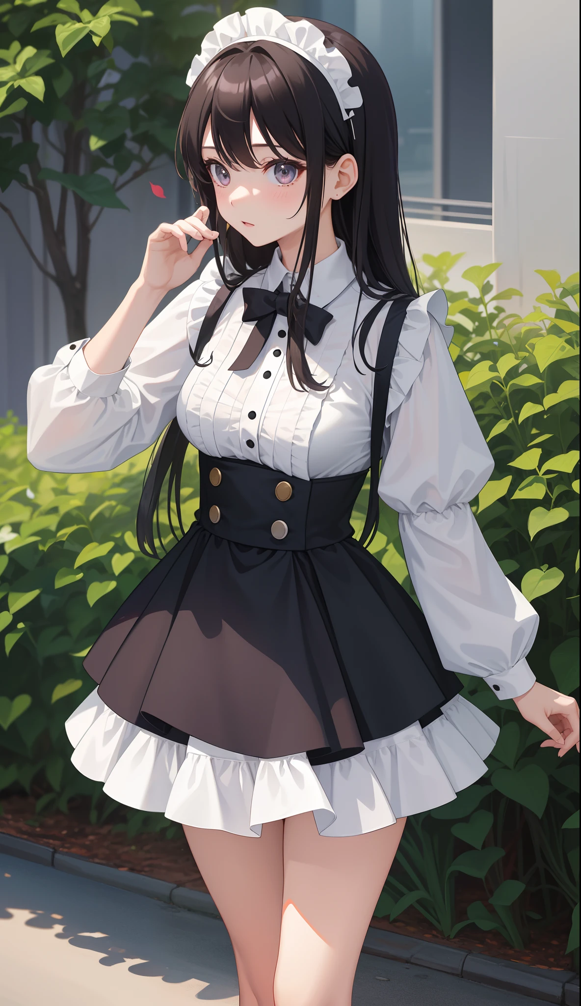 1girl in、AS-Adult、The shirt、Ultra mini skirt、pantiy、（small tits）、doress、pinafore、Hair decoration、（Maid costume）、Walking with a thigh、Upper body portrait、