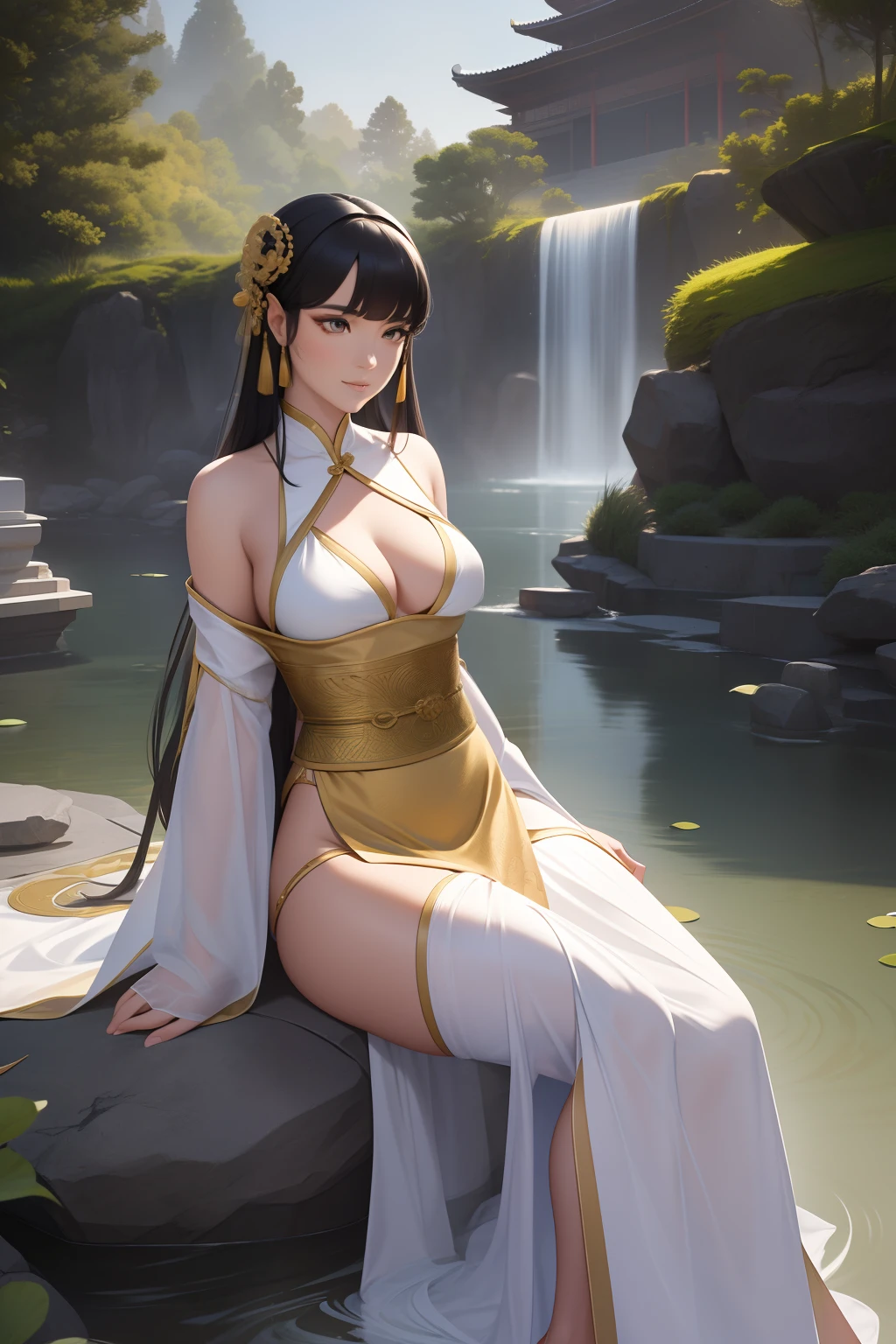 An ancient Chinese beauty sitting on a stone, wearing ancient Chinese clothing, flowing tulle, light silk, lazy posture, large lotus leaf, lotus, ink painting style, clean color, decisive cutting, blank, freehand, masterpiece, super detailed, epic composition, high quality, the highest quality, 4k --v 6