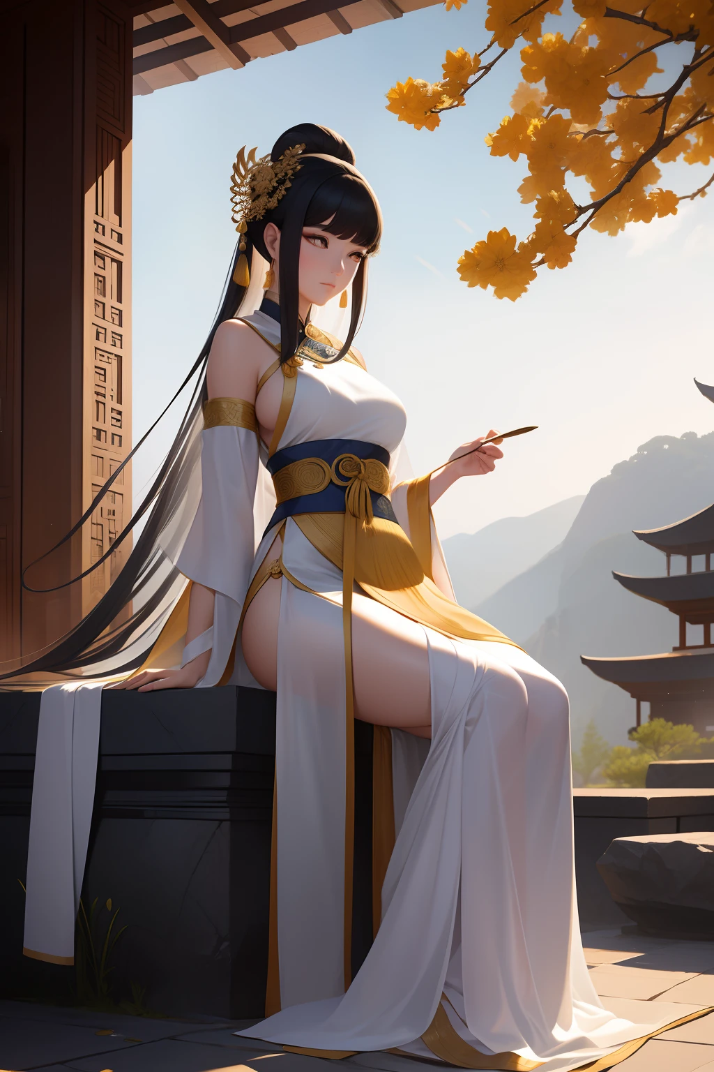 An ancient Chinese beauty sitting on a stone, wearing ancient Chinese clothing, flowing tulle, light silk, lazy posture, large lotus leaf, lotus, ink painting style, clean color, decisive cutting, blank, freehand, masterpiece, super detailed, epic composition, high quality, the highest quality, 4k --v 6