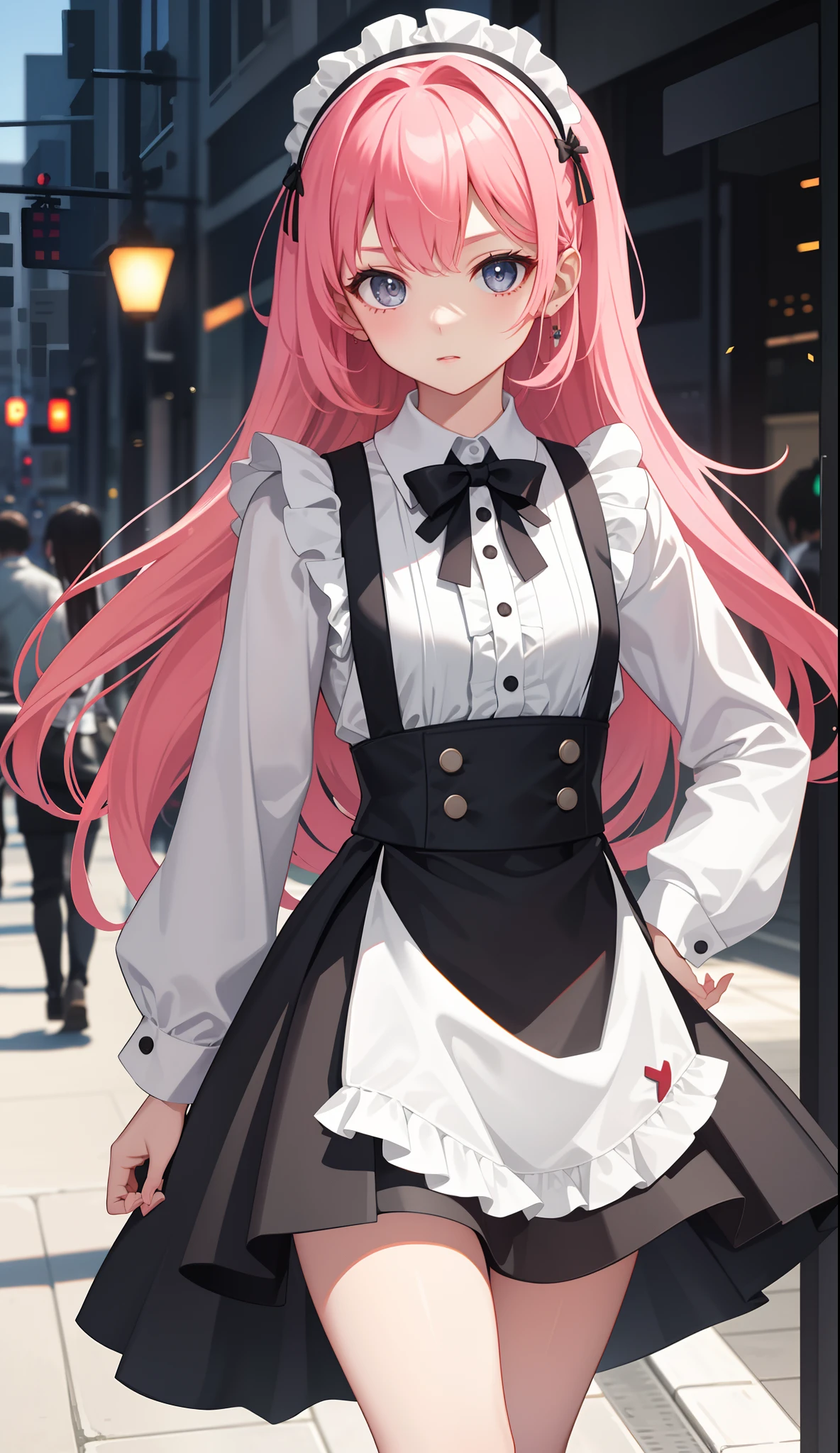 1girl in、AS-Adult、The shirt、Ultra mini skirt、pantiy、(small tits)、doress、pinafore、Hair decoration、(Maid costume)、Walking with a thigh、Upper body portrait、