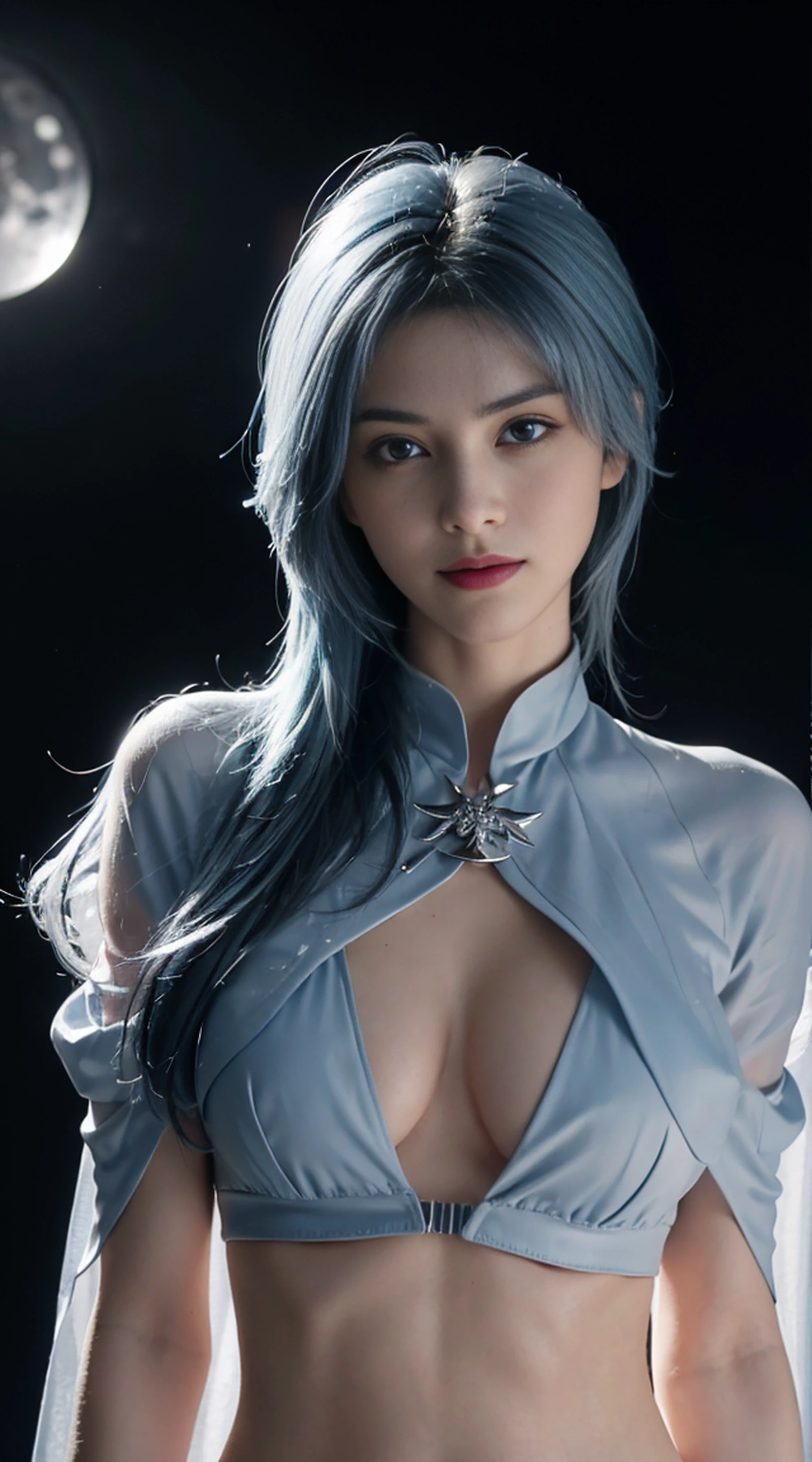 8K, Top Quality, Intricate Details, Ultra Detail, Ultra High Resolution, Masterpiece, random angle,  Slender, Smile, (Makeup: 0.4), (Fluffy Blue Eyes: 1.21), blue Eyes, looking at viewer, ((full body)), 1girl, solo, 1 girl, (( full body)), close up shot, , ((tall)), (((fit body))), (((slim face))), sharp face, sharp eyes, (((sky blue hair,  long hair, bangs )) , (detailed face), sharp face, small lips, 
 (( )), ((transparent one side cape)),  detailed face, detailed breast, , large breast, detail ass, , Beautiful girl with accentuated slender abs: 1.4, Six Pack Abs: 1.4, Bust Botox, Big, Perfect Body, detail leg, (( moonlight)), in the snow
