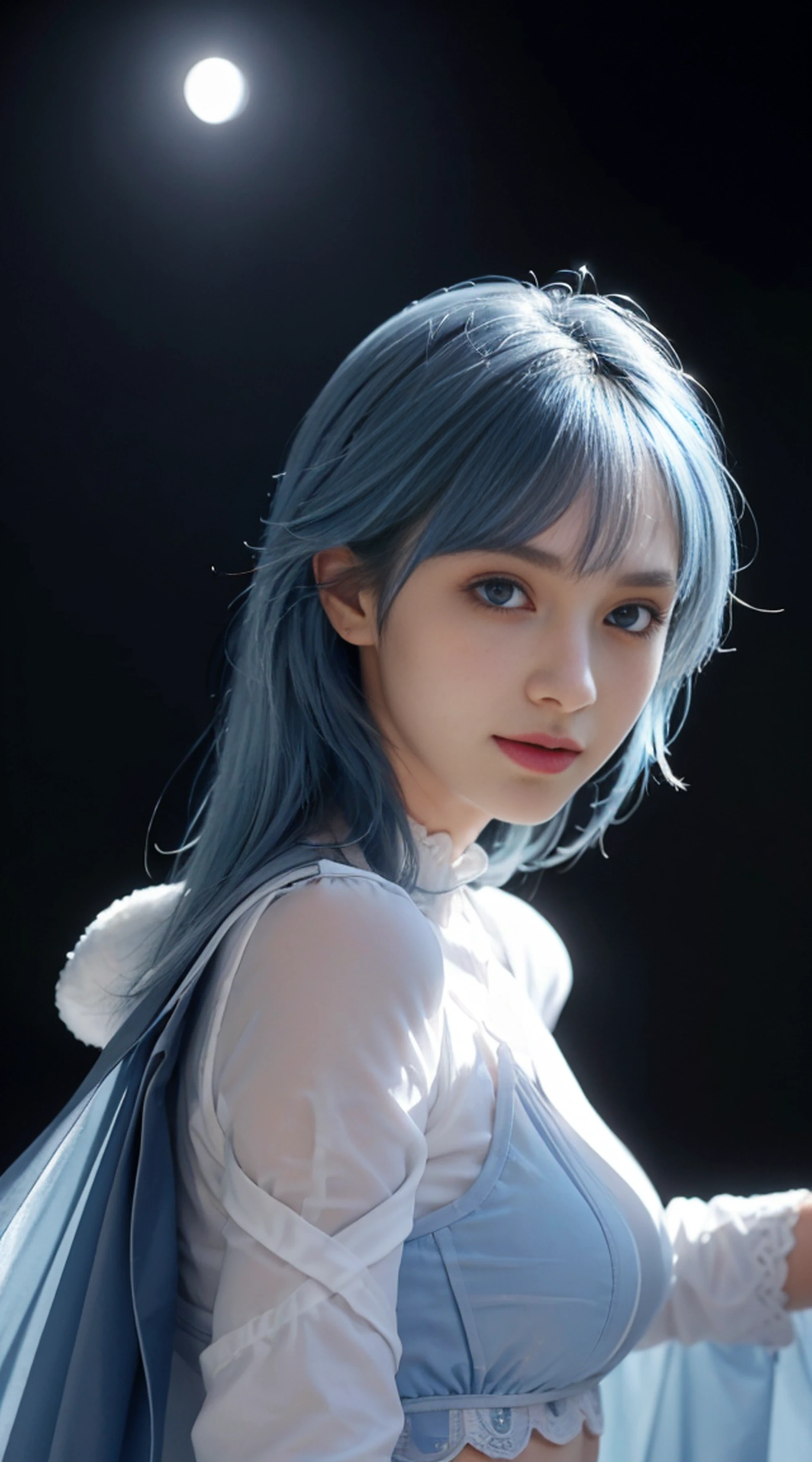 8K, Top Quality, Intricate Details, Ultra Detail, Ultra High Resolution, Masterpiece, random angle, Slender, Smile, (Makeup: 0.4), (Fluffy Blue Eyes: 1.21), blue Eyes, looking at viewer, ((full body)), 1girl, solo, 1 girl, (( full body)), close up shot, , ((tall)), (((fit body))), (((slim face))), sharp face, sharp eyes, (((sky blue hair, long hair, bangs )) , (detailed face), sharp face, small lips,
(( )), ((transparent one side cape)), detailed face, detailed breast, , large breast, detail ass, , Beautiful girl with accentuated slender abs: 1.4, Six Pack Abs: 1.4, Bust Botox, Big, Perfect Body, detail leg, (( moonlight)), in the snow