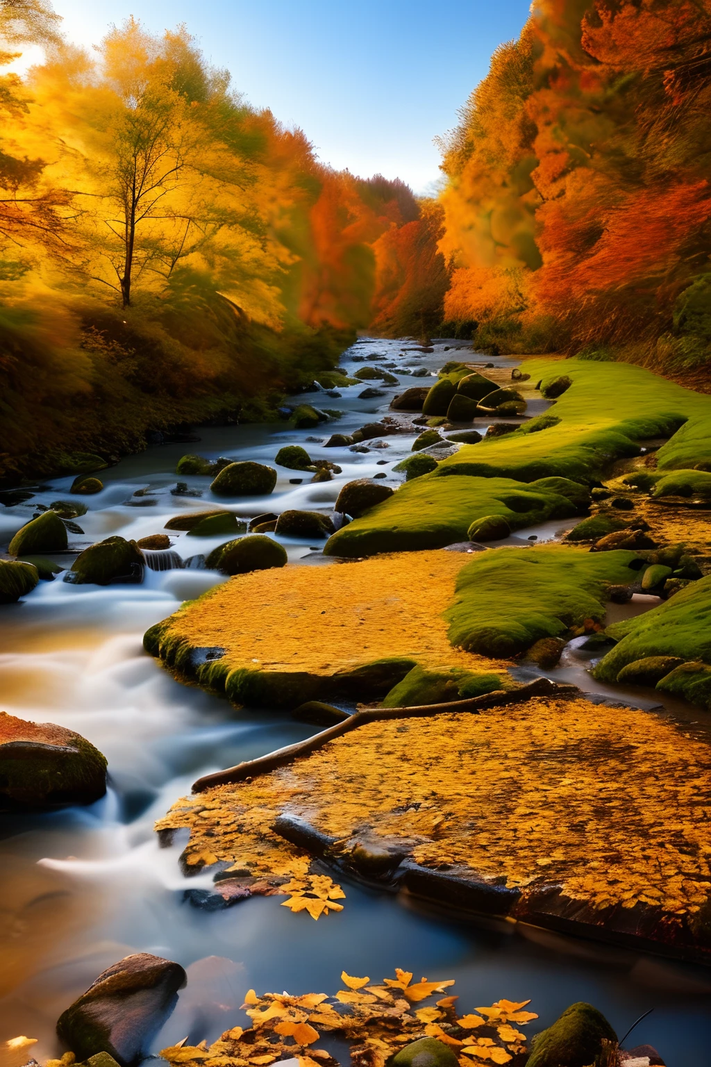 autumnal,eventide,riverbank,small bridges,flowingwater,Scenic beauty,The leaves are golden,Fallen leaves are everywhere,4K Ultra HD, 超高分辨率, (Photorealistic: 1.4), Best quality,Masterpiece,Utra dilution,(pastel colour:1.2)