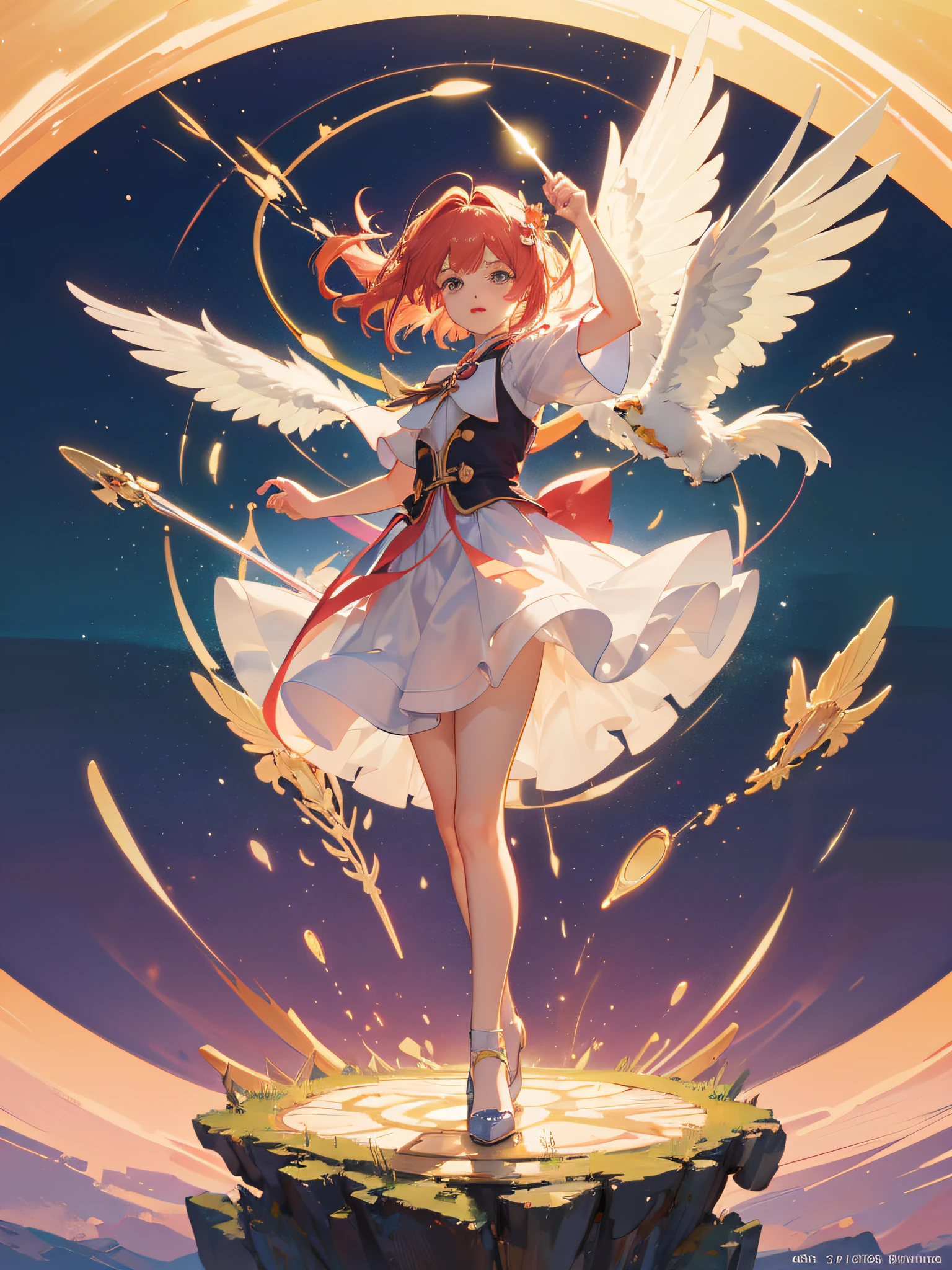 Sakura Card Captors, making victory sign, Kero-chan flying by her side, card symbolism, falling magic cards, full body, photography, (ultra-realistic), {extremely detailed 8k CG unit wallpaper}, photography expansive landscape, (an overhead view that prioritizes character and setting, wide open field view), (high angle shot), (high light: 1.7), (low light: 1.0), (warm light source: 1.5), Intricate details, (iridescent colors: 1.7), (bright lighting), (atmospheric lighting), dreamy, magical, Anime Cards reference
