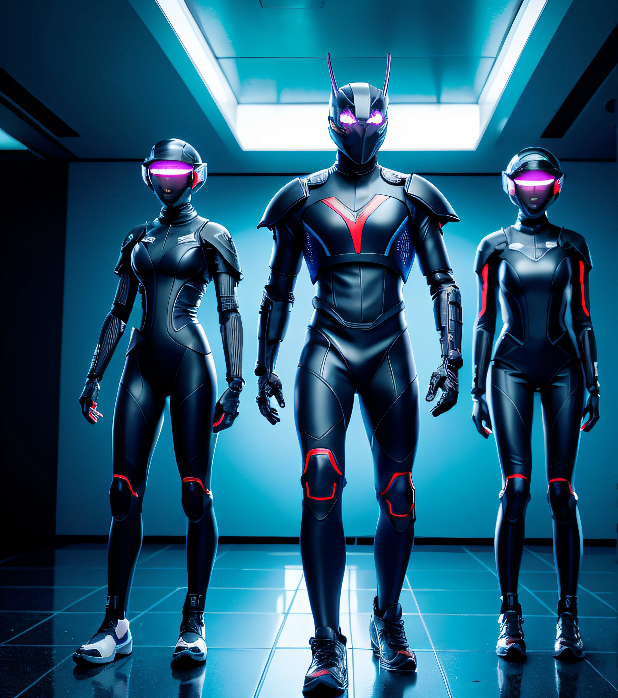 There are three people in futuristic costumes standing in a room, Diferentes cibertrajes, Cibertrajes, cybernetic and highly detailed, Lots of 3D cyborg elements, Ropa futurista y casco, Avatares futuristas, diverse medical cybersuits, Diversos cibertrajes curativos, sci-fi cinematic movie still, Cyborgs trabajando, Octane render 4k sci-fi suit