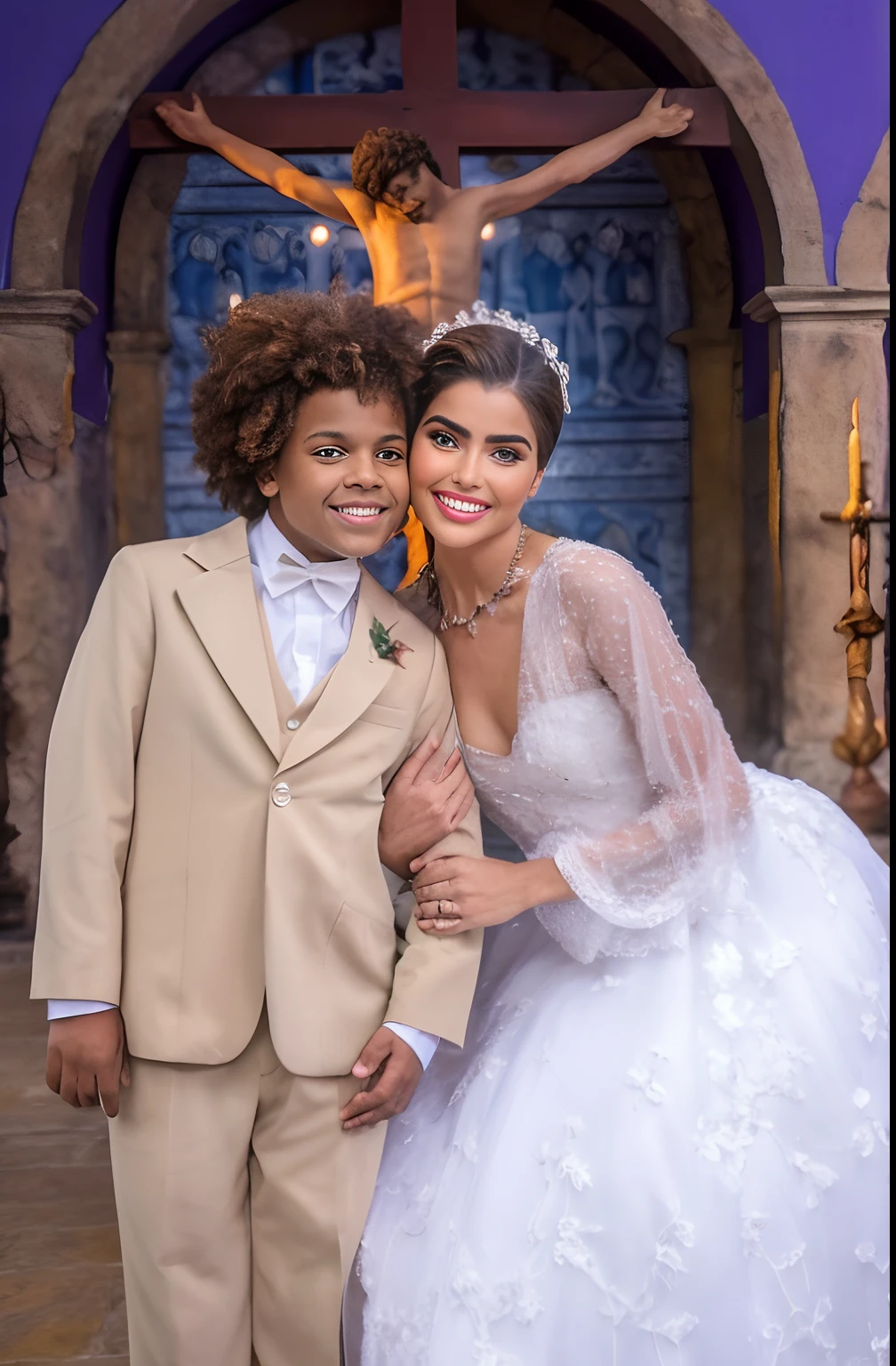 Noivos posando para foto em frente a um crucifixo, um alambique de um feliz, Directed by: Lena Alexander, alena e bluth, Storybook style, fantasia intrincada, Jaqueline E, Tiro no meio, Meio - tiro, Olivia Culpo como Milady de Winter, Directed by: John La Gatta, veja os detalhes, noivos