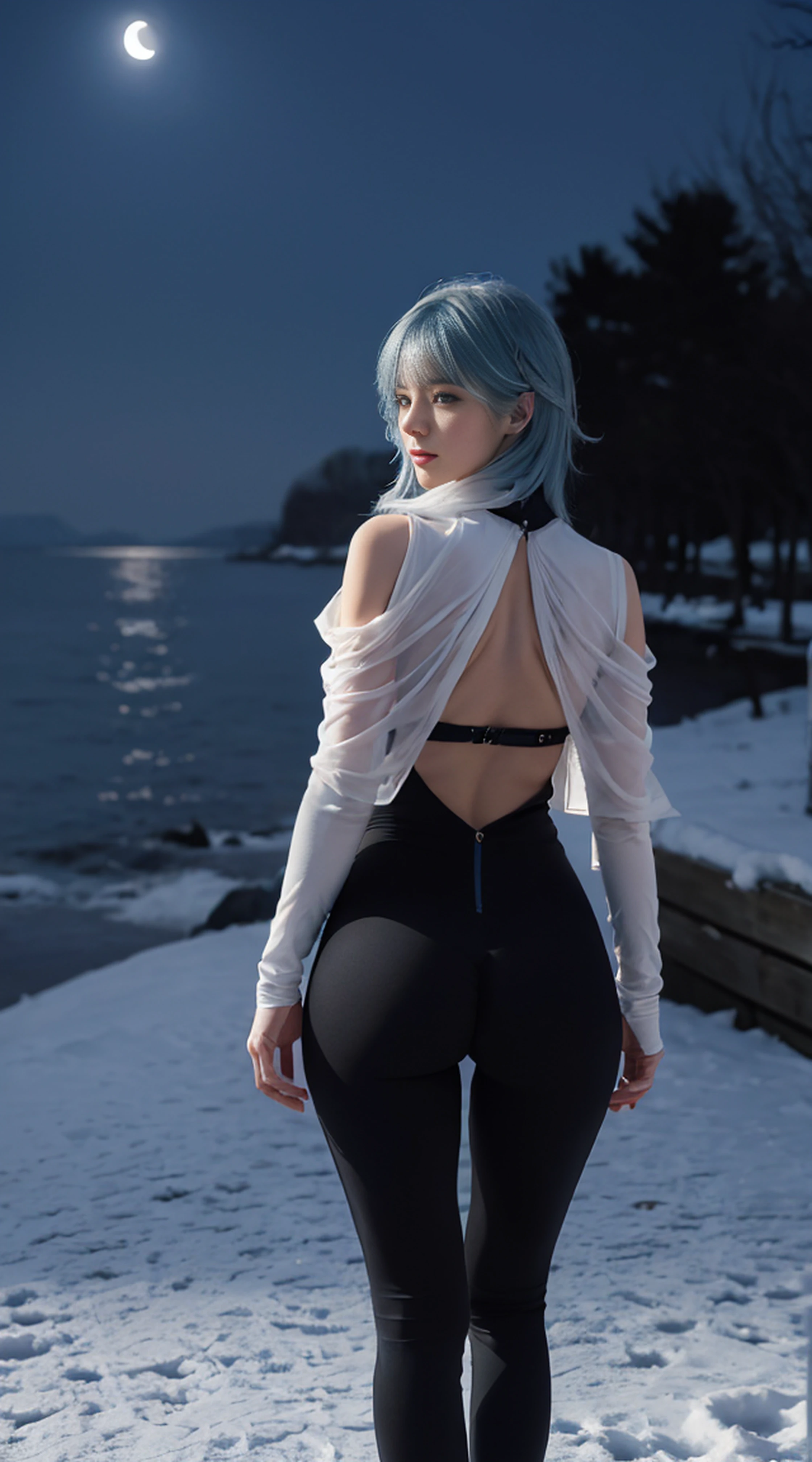 8K, Top Quality, Intricate Details, Ultra Detail, Ultra High Resolution, Masterpiece, ((from behind)), Slender, Smile, (Makeup: 0.4), (Fluffy Blue Eyes: 1.21), blue Eyes, looking at background, ((full body)), 1girl, solo, 1 girl, (( full body)), close up shot, standing , ((tall)), (((fit body))), (((slim face))), sharp face, sharp eyes, (((sky blue hair, long hair, bangs)) (detailed face), sharp face, small lips, ((transparent one side cape)), detailed face, detailed breast, , large breast, detail ass, big ass, round ass , Beautiful girl with accentuated slender abs: 1.4, Six Pack Abs: 1.4, Bust Botox, Big, Perfect Body, detail leg, (( moonlight)), in the snow