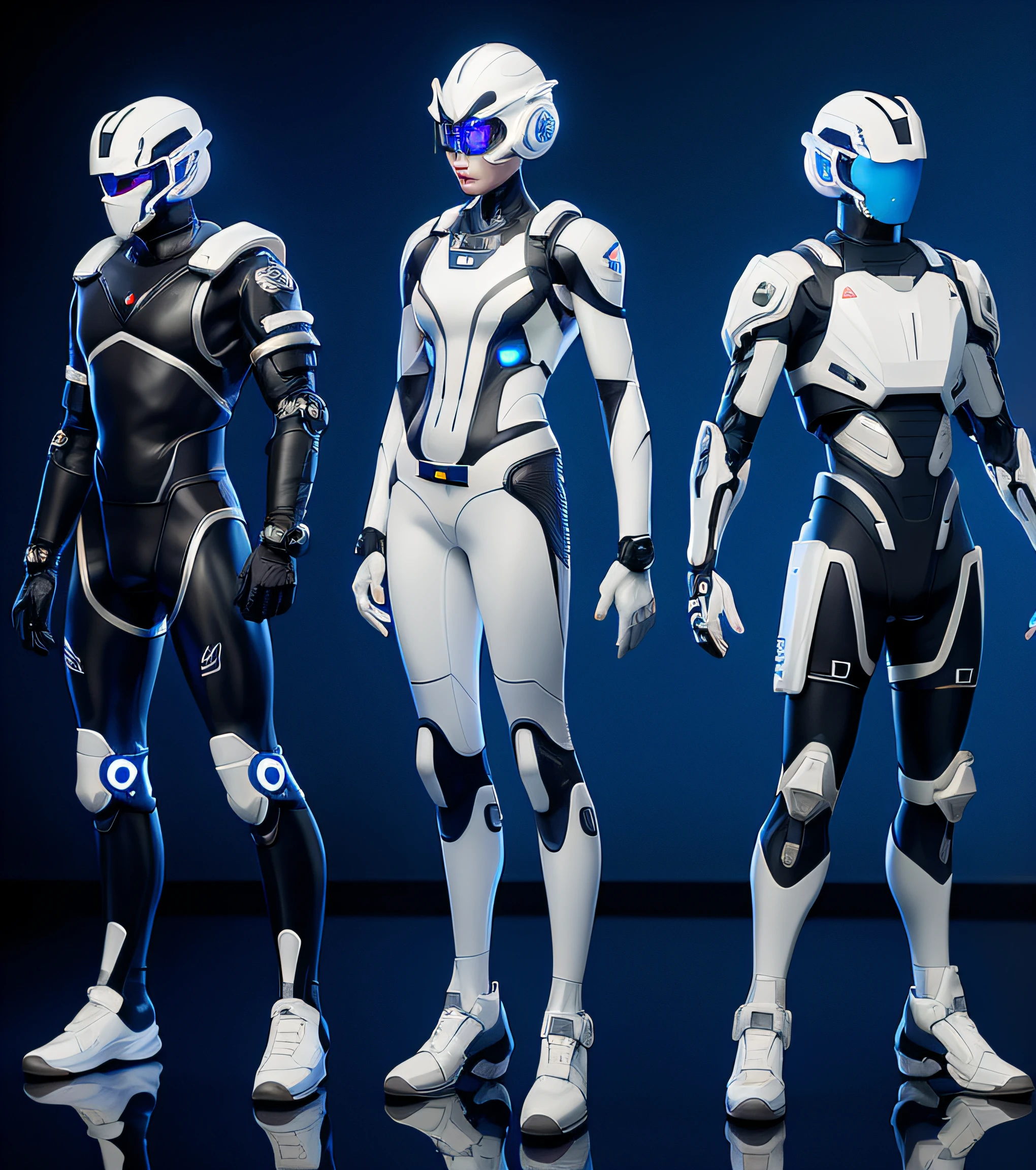 There are three people in futuristic costumes standing in a room, Diferentes cibertrajes, Cibertrajes, cybernetic and highly detailed, Lots of 3D cyborg elements, Ropa futurista y casco, Avatares futuristas, diverse medical cybersuits, Diversos cibertrajes curativos, sci-fi cinematic movie still, Cyborgs trabajando, Octane render 4k sci-fi suit