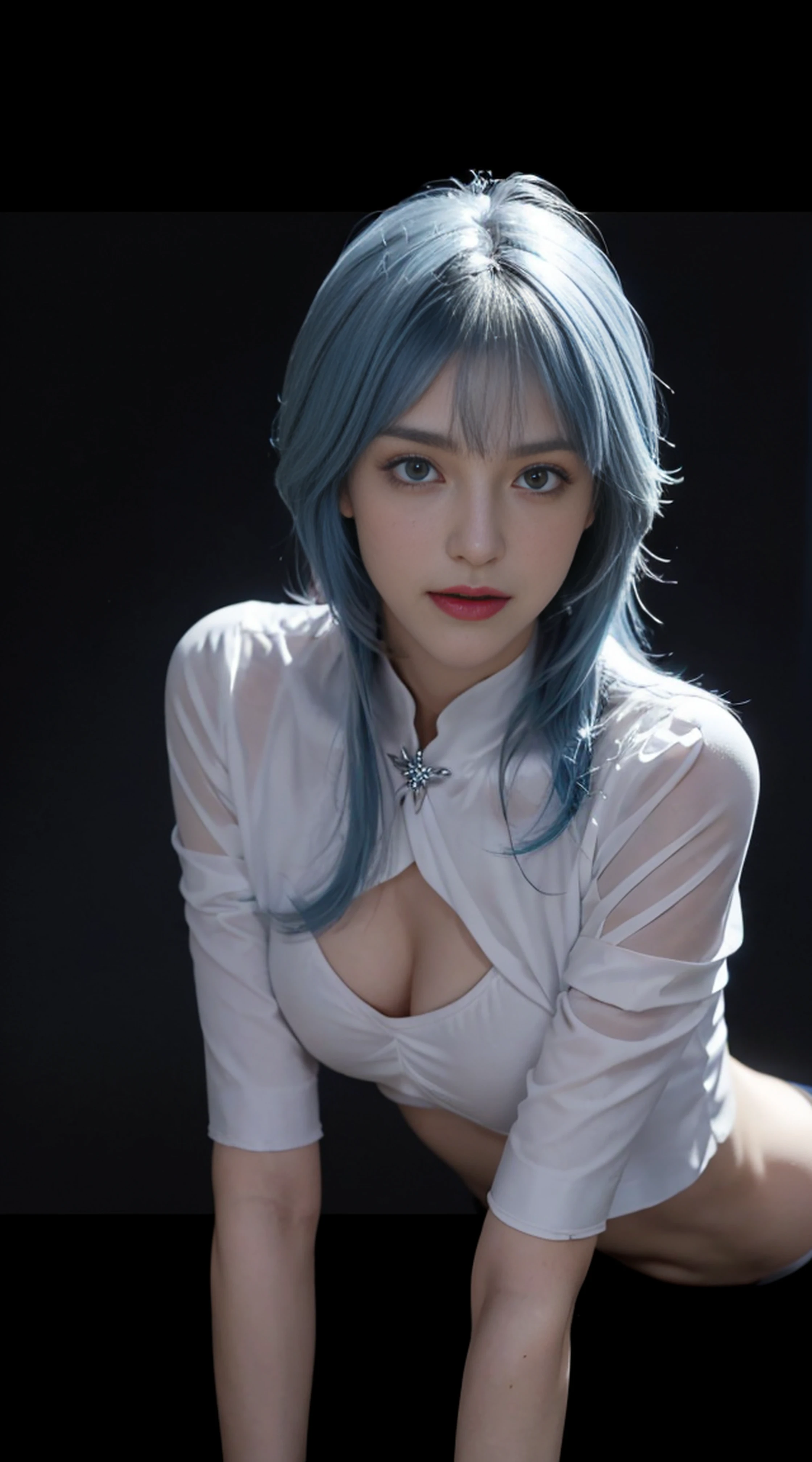 8K, Top Quality, Intricate Details, Ultra Detail, Ultra High Resolution, Masterpiece, random angle, Slender, Smile, (Makeup: 0.4), (Fluffy Blue Eyes: 1.21), blue Eyes, looking at viewer, ((full body)), 1girl, solo, 1 girl, (( full body)), close up shot, , ((tall)), (((fit body))), (((slim face))), sharp face, sharp eyes, (((sky blue hair, long hair, bangs )) , (detailed face), sharp face, small lips,
(( )), ((transparent one side cape)), detailed face, detailed breast, , large breast, detail ass, , Beautiful girl with accentuated slender abs: 1.4, Six Pack Abs: 1.4, Bust Botox, Big, Perfect Body, detail leg, (( moonlight)), in the snow