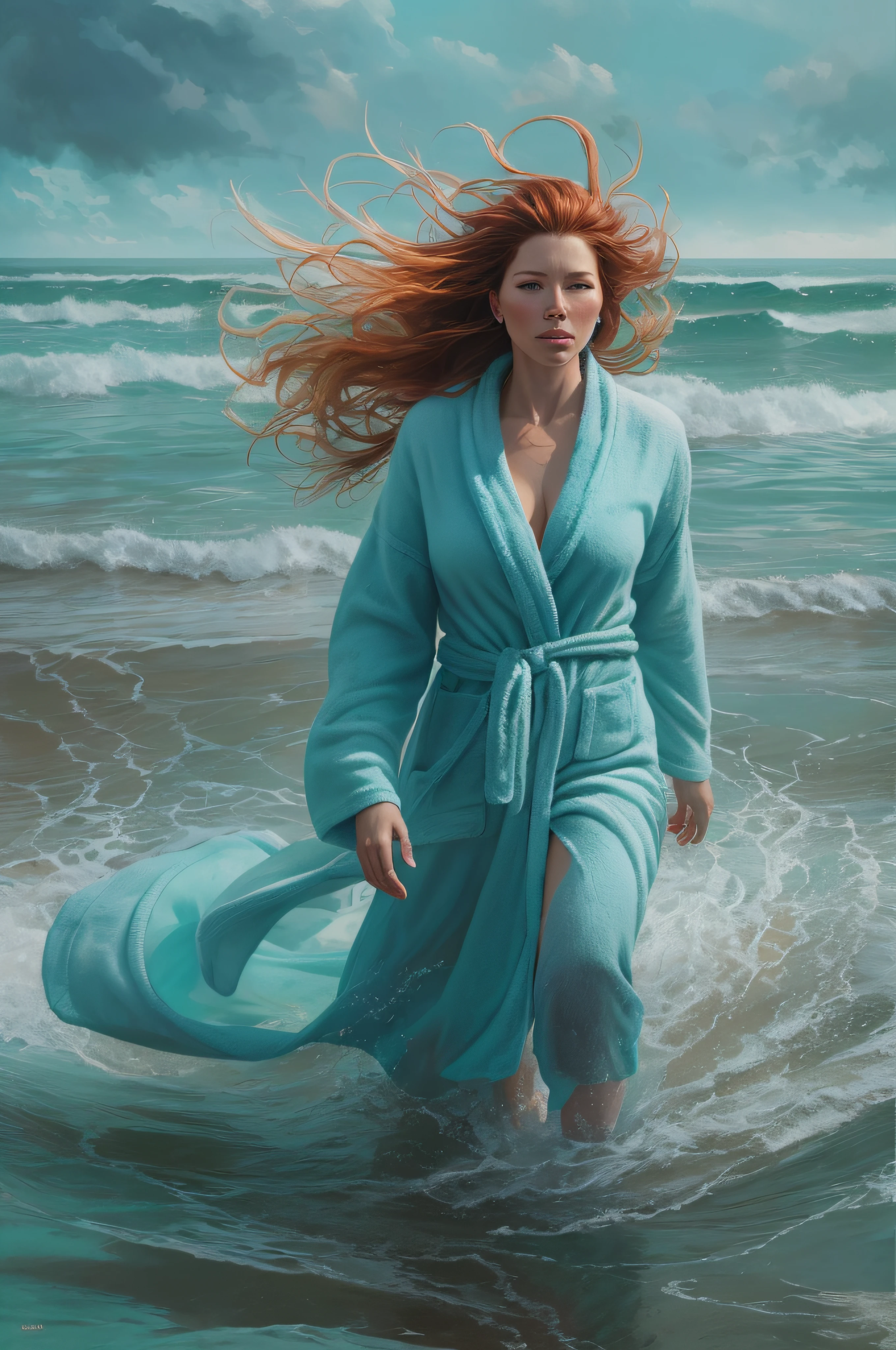 ultra realistic full body photo of Jessica Biel, a red-haired American woman, in wide open ice-blue bathrobe, which flies open with the heavy wind, allowing everyone to see her beautiful muscular body. She is walking in the water on the beach, wild hair, full body, enlightenment, 4k resolution, intricately detailed, cinematic, full body, detailed symmetric eyes, intricate details, beautiful detailed intricate face, Carne Griffiths and Wadim Kashin concept art, ominous, approaching perfection, highly detailed, smooth, treding os artstation, sharp focus, digital art, perfect composition, Yabadaba, hyperdetailed painting, ISO 200, 100mm, DLSR, dynamic, light studio, vibrant, art by Alyssa Monks