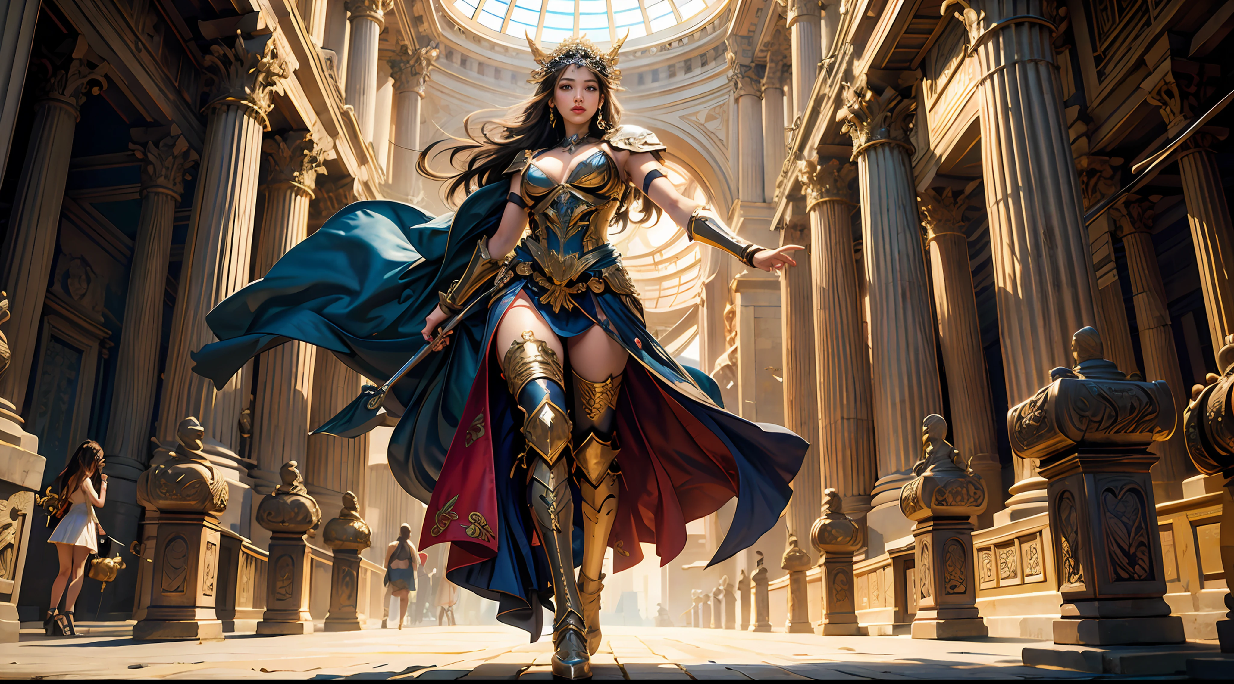 offcial art,统一 8k 壁纸,ultra - detailed,Beauty and aesthetics,high high quality,Valkyrie,tmasterpiece,Best quality at best,(zentangle,datura,Tangles,entangled:0.6),Greek temple,Large breasts,Heavy armor,complex patterns,combats,dramatics,Photorealistic, Super detail, Masterpiece, Best quality, A high resolution, 8K