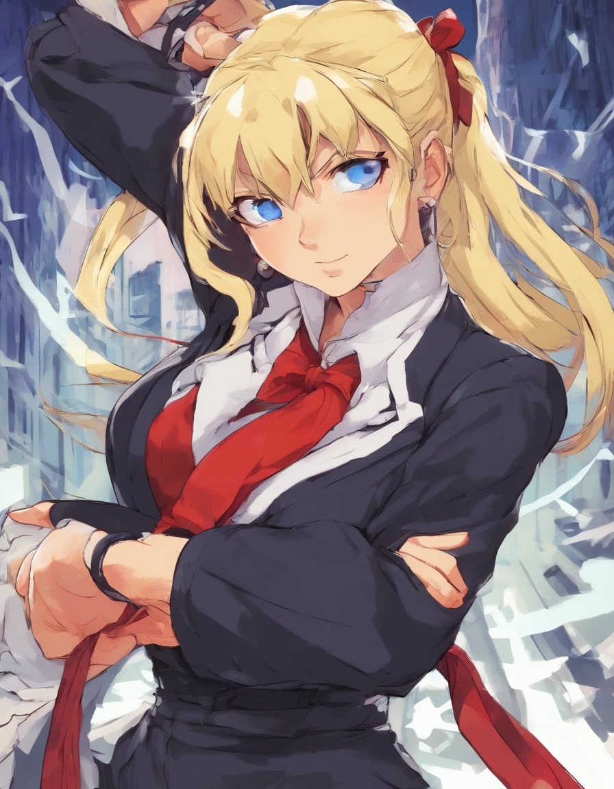 A hentai character named nanako von meinsfelt by Fan no hitori uploaded to Nhentai.net. Who is a blonde hair twintail ojou-sama. Wearing a black school uniform with a red cravat with a white cross on it. And plack pantyhose with brown mary jane shoes, a pleated skirt. And holding a giant mace with stunning blue eyes and large breasts.