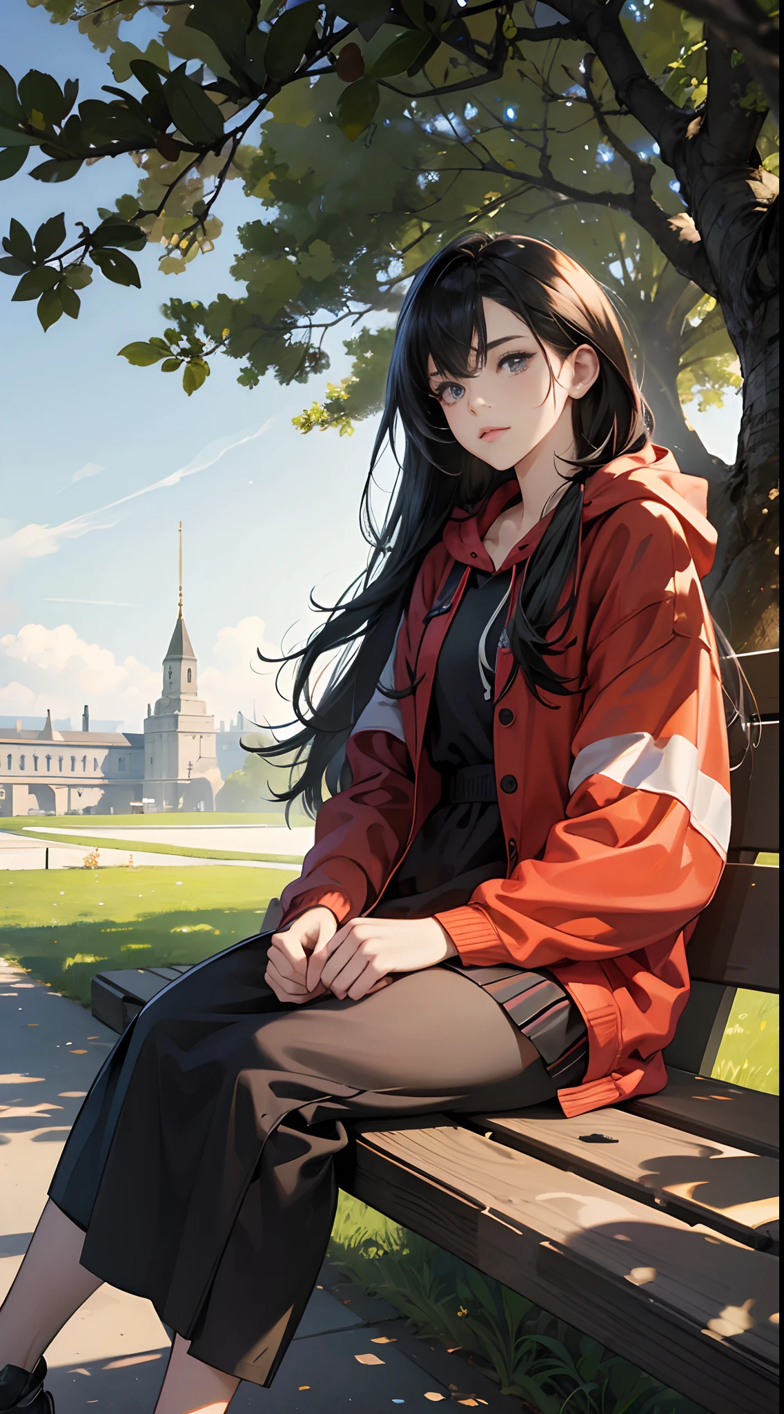 (Best Quality,4K,High resolution), 18yo woman, Red mesh hair on black hair, Long hair, Straight hair, , Comical appearance,Delicately drawn illustrations down to the smallest detail, Realistic portrayal,outside of house,Sunlight through the trees,a park,sideways Facing,Look at viewers,Sitting wildly,Hooded hoodie,Oversized clothing,dressing gown,glares,Cold eyes,Scenery of a walk,sit on a bench
