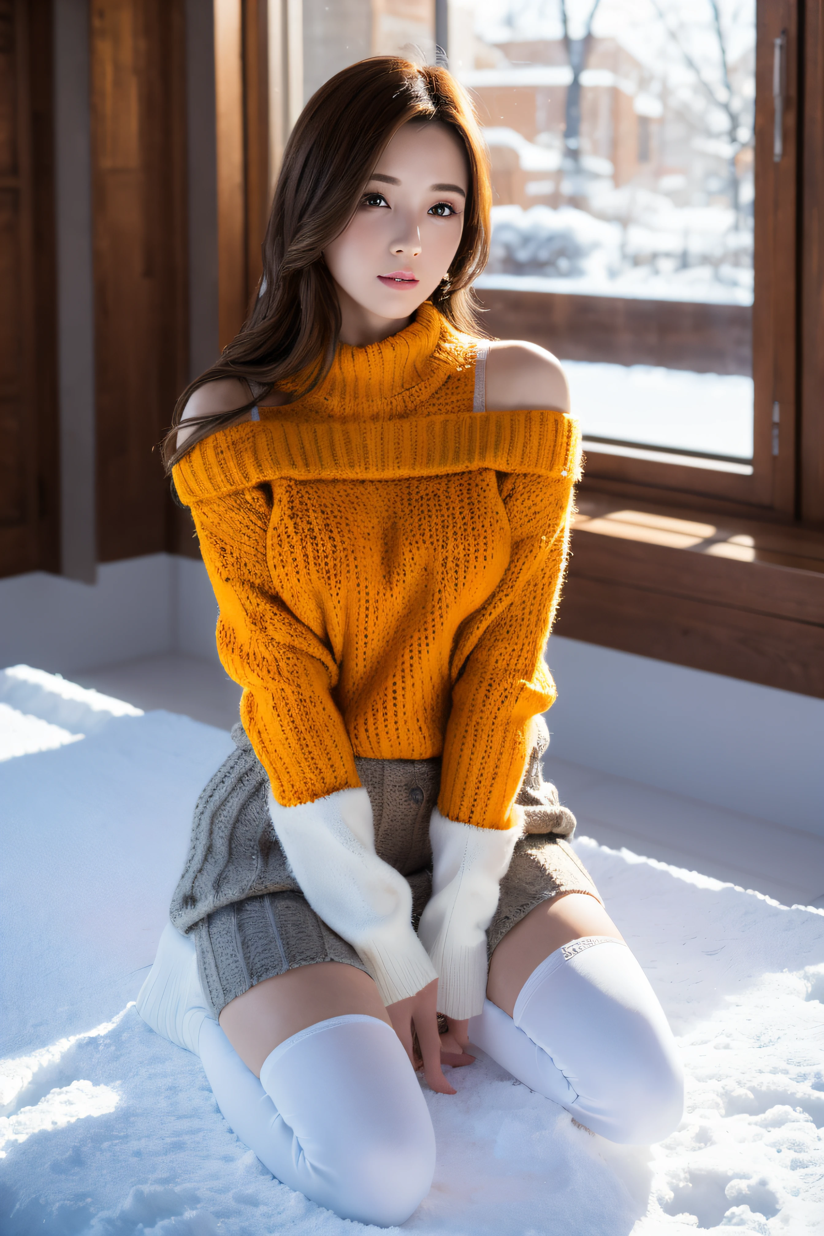 (RAW photo) Winters，snow landscape，a girl wearing an orange shoulder-length sweater and (flared skirt), and (over-the-knee stockings)，(medium breasts), long hair, lacepantyhose, white underwear, Random color，long sweater，depth of fields，Real light，Ray traching，OC renderer，UE5 renderer，Hyper-realistic，best qualtiy，8K，Works of masters，super-fine，Detailed pubic hair，Correct anatomy.