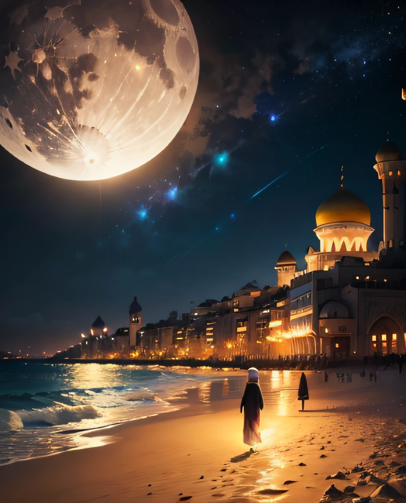 muslim man walking on the beach at night with a mosque in the background, 8k stunning artwork, concept art wallpaper 4k, inspired by Andreas Rocha, andreas rocha style, inspired by Cyril Rolando, a beautiful artwork illustration, 4k highly detailed digital art, concept art | rhads, beautiful art uhd 4 k, 8k hd wallpaper digital art, million of stars, moon --auto