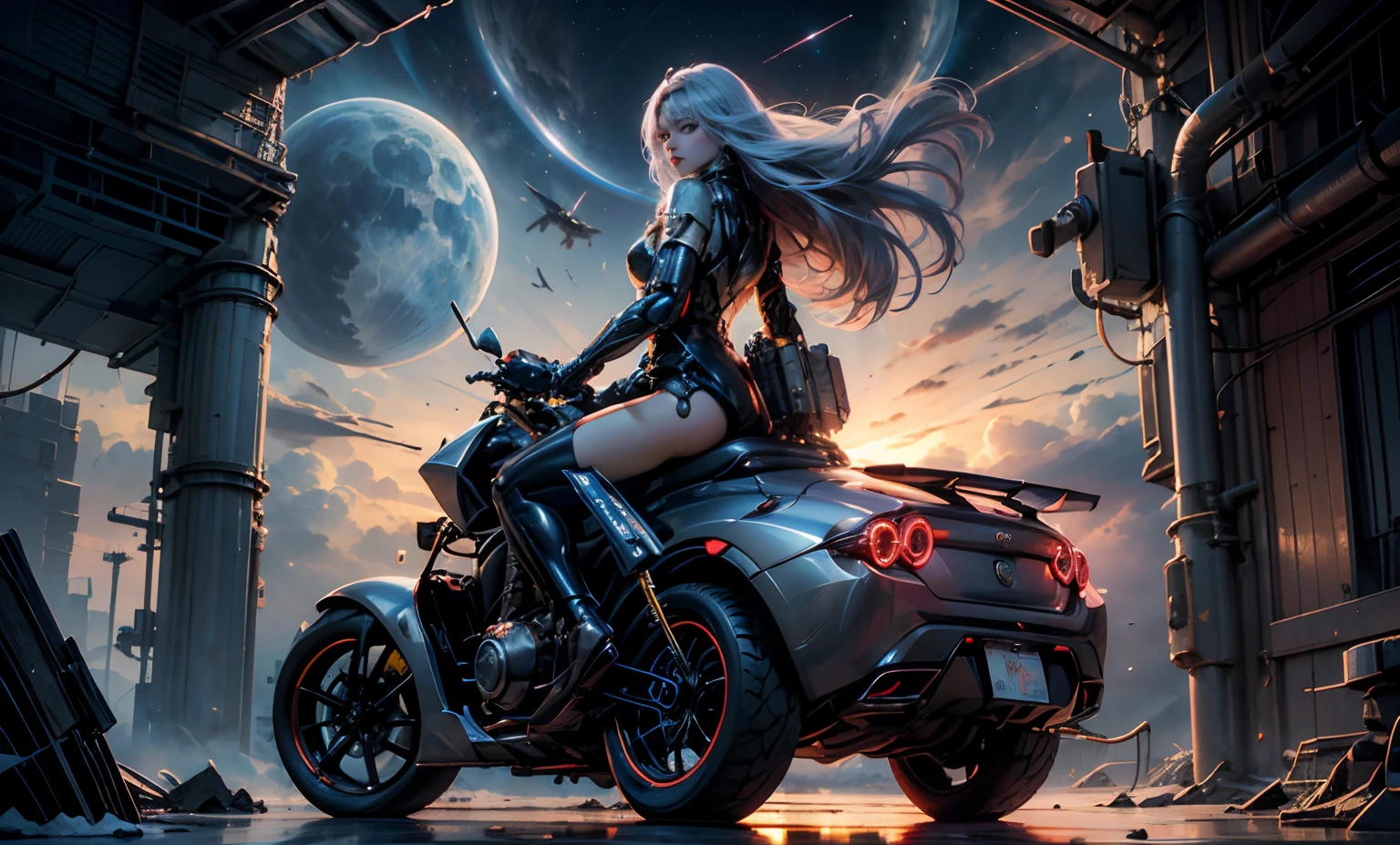 realistic visual effects,attractive beautiful,dramatic contrast,Gentle lighting,Delicate warmth,the soft light,hyper HD,
Extremely colorful,best qualityer,perfect female shape,HighDynamicRange,long eyelasher,Unbeatable masterpiece,Snow-whiteskin,putting makeup on,
Sexy goddess,Large metal mechanical gears,Strange sky,8K high quality,A pair of big eyes are beautiful and moving,White skin,Makeup,Sexy outfit,
【Background with】Large gold gear,Doomsday ruins,Giant tornado,The setting sun burns the clouds,Multiple planets,The end of the world,Multiple planets,Mards,Jupiter,Lightning Thunder,
Mercury,Strange sky,Giant tornado,Blue light,salama,Large flying machines,Cool car,Time Tunnel,nuclear power plant,Futuristic car,Cool headlight wind。Mechanical pets。
