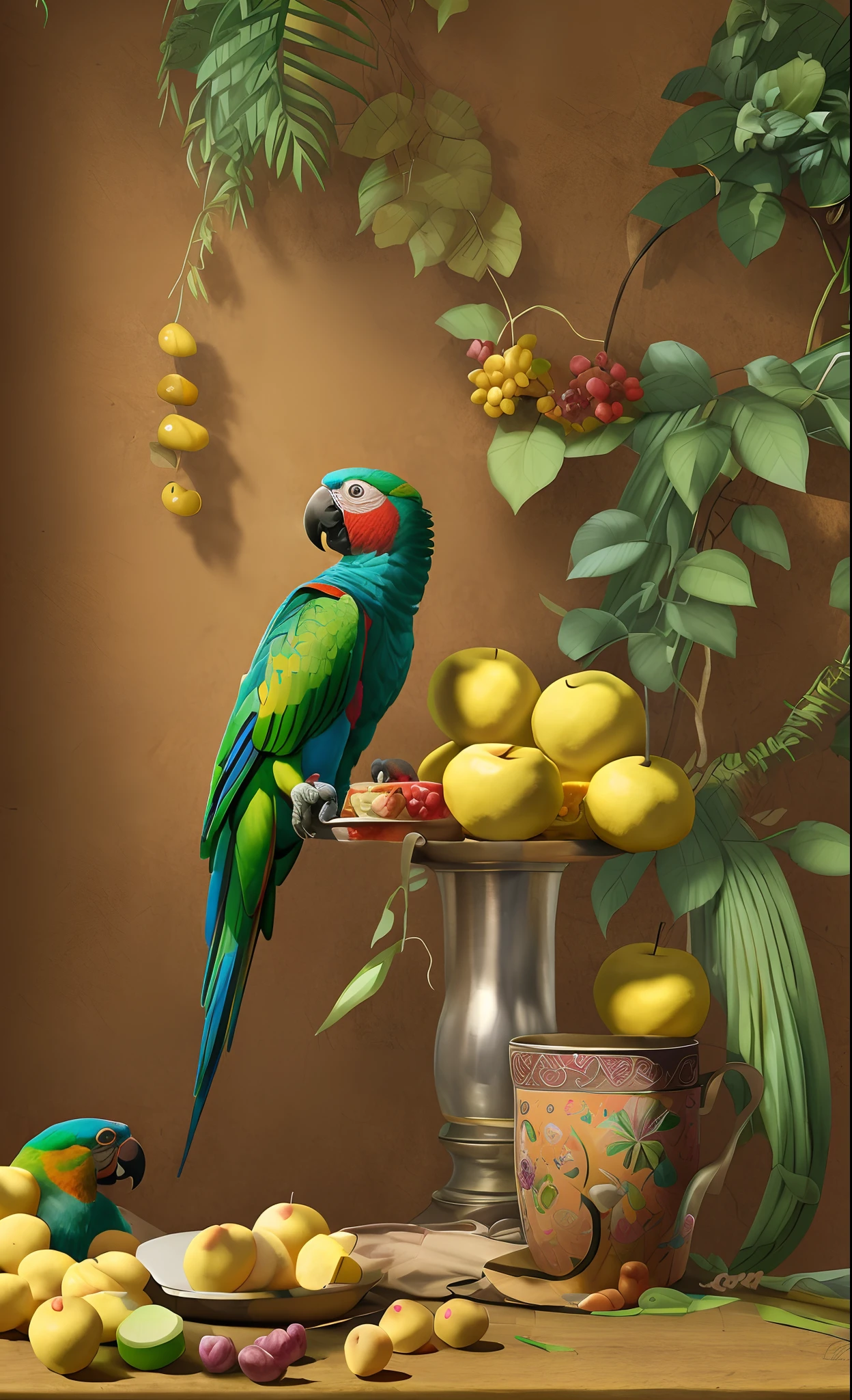 There's a parrot (solo) sentado em um galho ao lado de uma tigela de frutas, imagem HD colorida, pintura detalhada 4 K, frutas e penas, bela arte UHD 4 K, 4K arte digital altamente detalhada, paper awesome wallpaper, papagaio, papel de parede bonito, papel de parede de alta qualidade, 8k arte detalhada de alta qualidade, pintura digital HD, arte digital bonita, pintura digital altamente detalhada