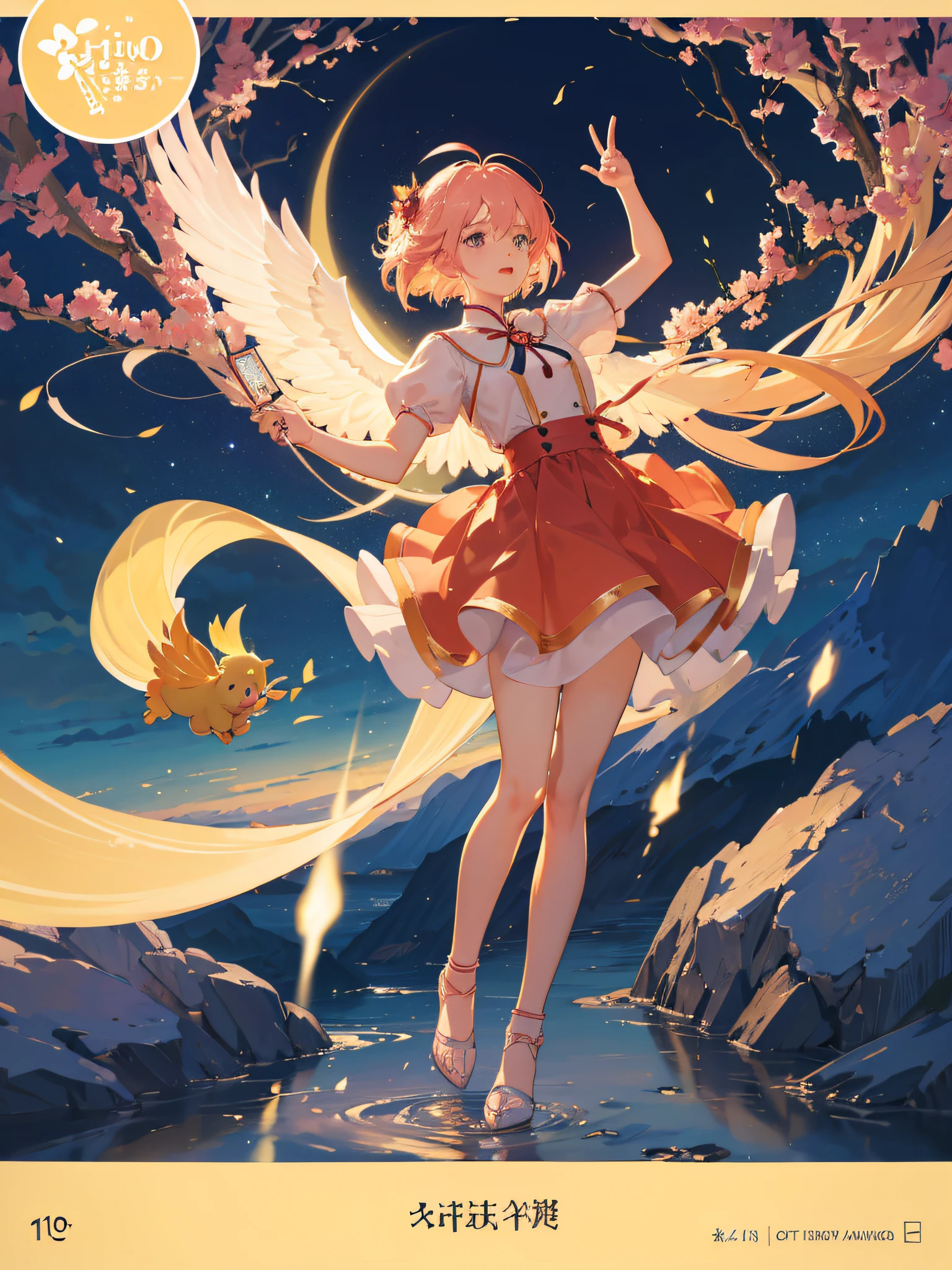 Sakura Card Captors, making victory sign, Kero-chan flying by her side, card symbolism, falling magic cards, full body, photography, (ultra-realistic), {extremely detailed 8k CG unit wallpaper}, photography expansive landscape, (an overhead view that prioritizes character and setting, wide open field view), (high angle shot), (high light: 1.7), (low light: 1.0), (warm light source: 1.5), Intricate details, (iridescent colors: 1.7), (bright lighting), (atmospheric lighting), dreamy, magical, Anime Cards reference