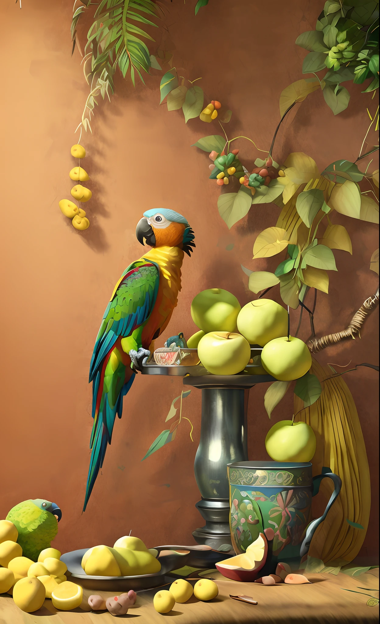 There's a parrot (solo) sentado em um galho ao lado de uma tigela de frutas, imagem HD colorida, pintura detalhada 4 K, frutas e penas, bela arte UHD 4 K, 4K arte digital altamente detalhada, paper awesome wallpaper, papagaio, papel de parede bonito, papel de parede de alta qualidade, 8k arte detalhada de alta qualidade, pintura digital HD, arte digital bonita, pintura digital altamente detalhada