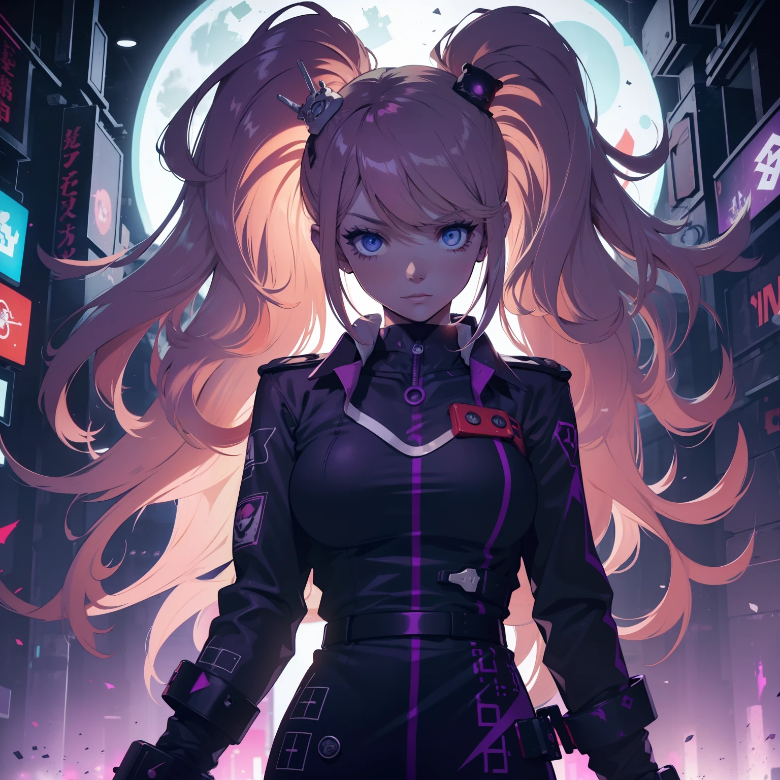 female , Un adolescente con cabello corto y blanco como la nieve , sporting a mysterious full-face that has glowing purple eyes , vestido con una llamativa camisa roja y un largo abrigo negro, Deftly wielding a pair of dual long swords, one bright in vibrant red and the other hypnotically purple.. The scene unfolds against the backdrop of a dystopian cyberpunk city at night.., pulsing with neon lights and a futuristic aura, All rendered in stunning high-resolution 8K quality