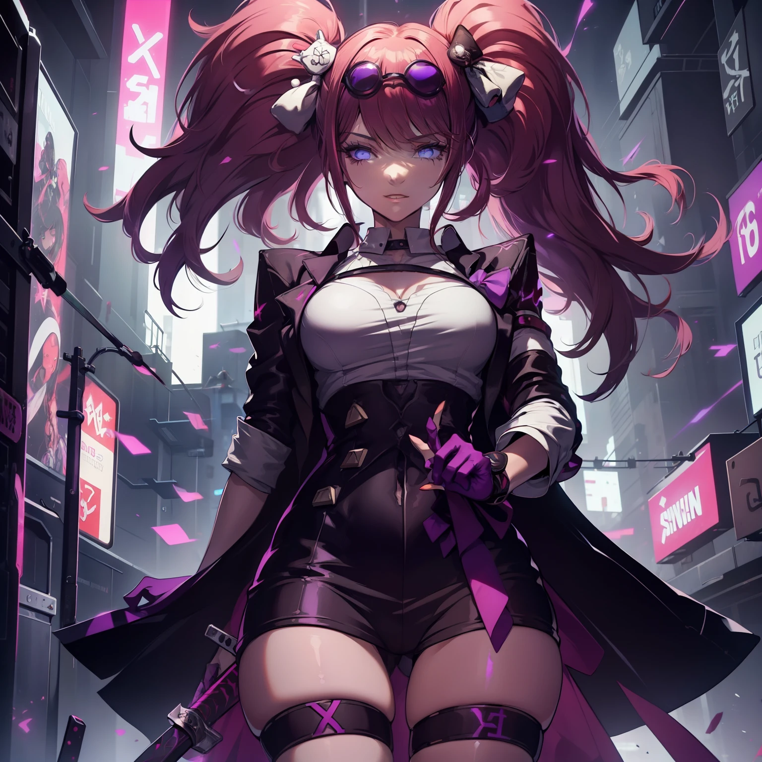 female , Un adolescente con cabello corto y blanco como la nieve , sporting a mysterious full-face that has glowing purple eyes , vestido con una llamativa camisa roja y un largo abrigo negro, Deftly wielding a pair of dual long swords, one bright in vibrant red and the other hypnotically purple.. The scene unfolds against the backdrop of a dystopian cyberpunk city at night.., pulsing with neon lights and a futuristic aura, All rendered in stunning high-resolution 8K quality