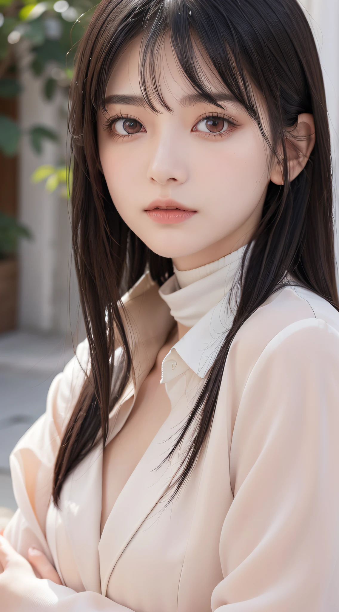 1 adult female, (up of face:1.5), Black hair, Blunt bangs, hair behind ear, hair over shoulder, Long hair, Ultra Fine Face, Thin face, Delicate lips, (beautidful eyes:1.5), thin blush, eyes are light brown,View here, (Hands hide), formal jackets, a choker ,Port Area ,One-person viewpoint, 8K, masutepiece, nffsw, Super Detail, High quality, Best Quality, hight resolution,