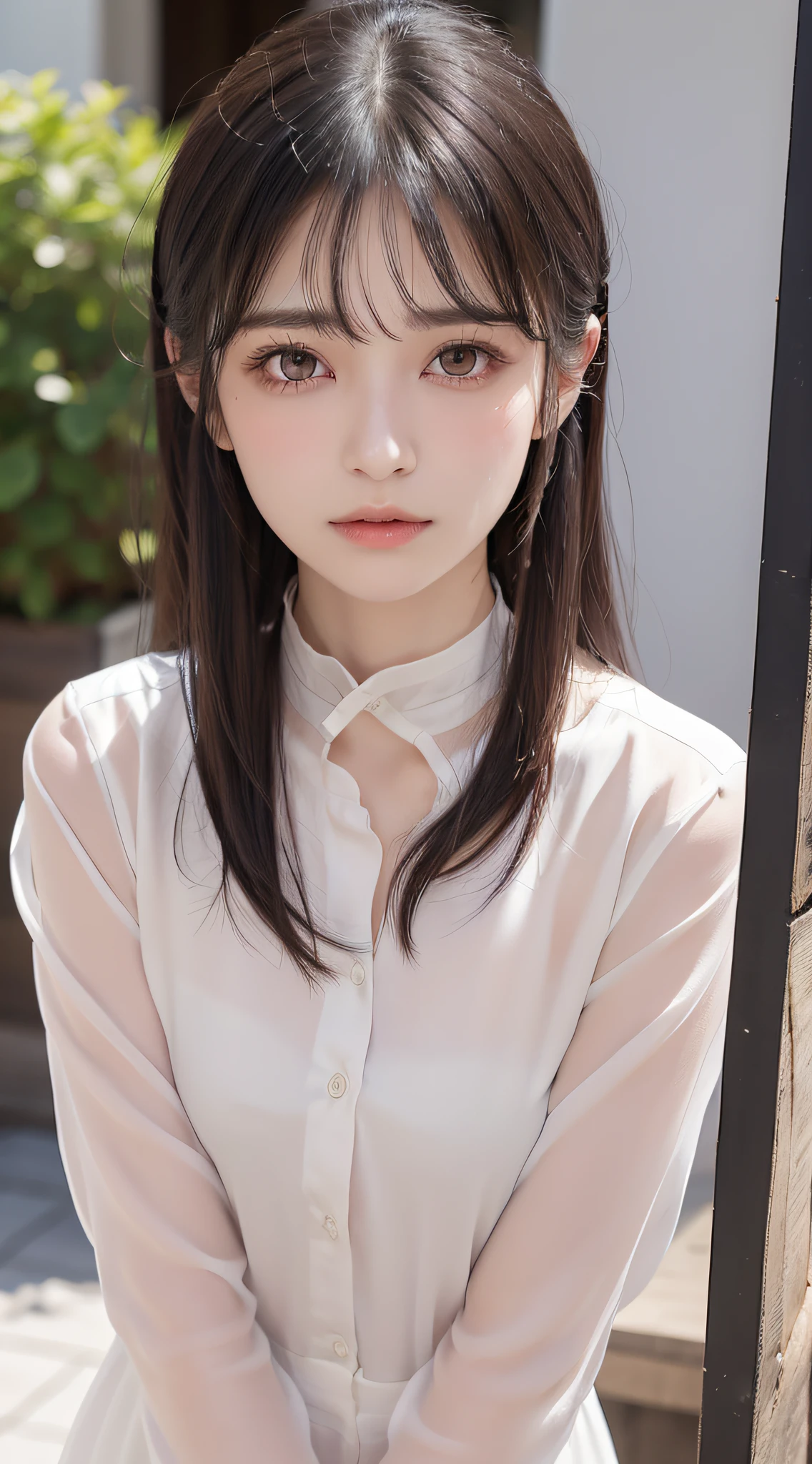 1 adult female, (up of face:1.5), Black hair, Blunt bangs, hair behind ear, hair over shoulder, Long hair, Ultra Fine Face, Thin face, Delicate lips, (beautidful eyes:1.5), thin blush, eyes are light brown,View here, (Hands hide), formal jackets, a choker ,Port Area ,One-person viewpoint, 8K, masutepiece, nffsw, Super Detail, High quality, Best Quality, hight resolution,