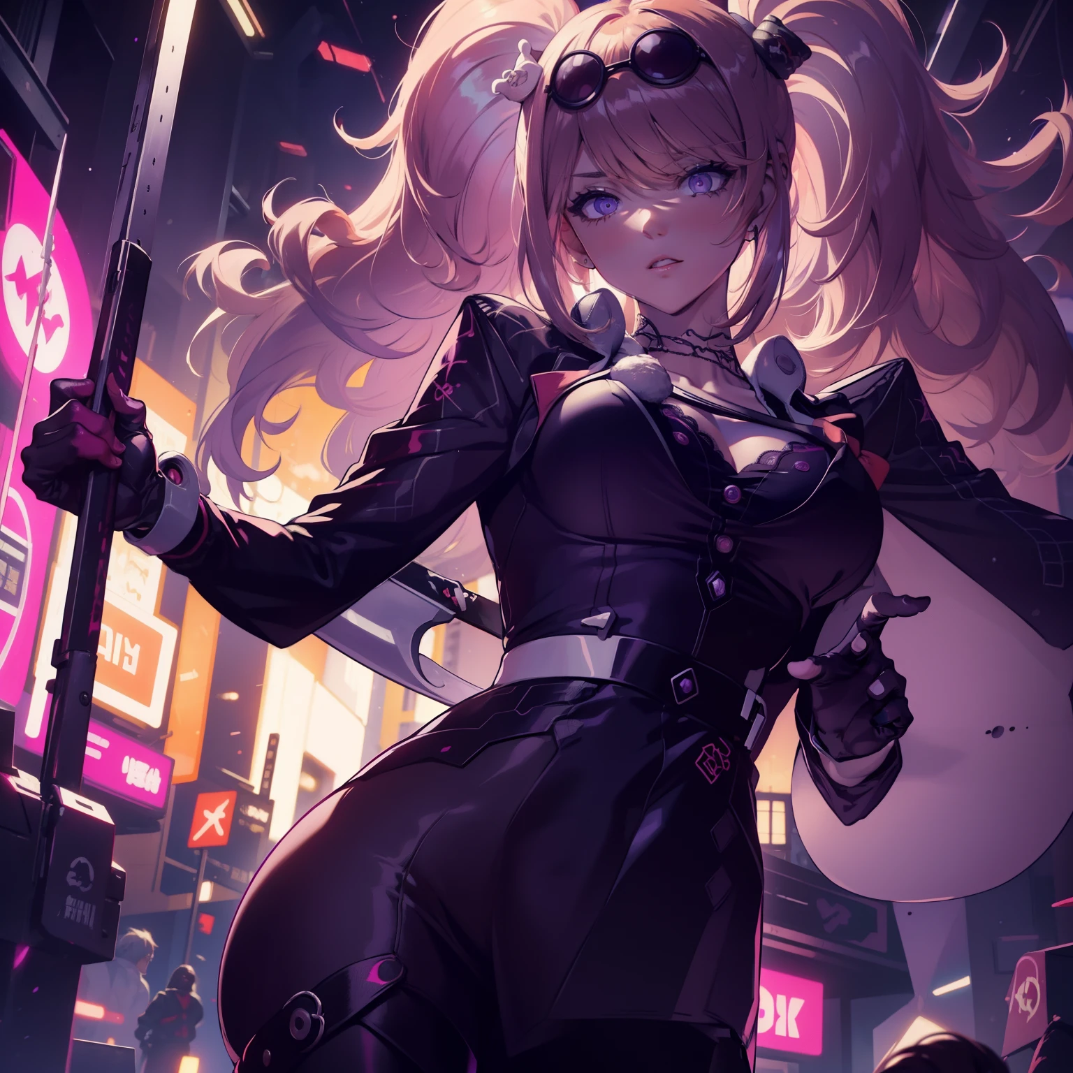 female , Un adolescente con cabello corto y blanco como la nieve , sporting a mysterious full-face that has glowing purple eyes , vestido con una llamativa camisa roja y un largo abrigo negro, Deftly wielding a pair of dual long swords, one bright in vibrant red and the other hypnotically purple.. The scene unfolds against the backdrop of a dystopian cyberpunk city at night.., pulsing with neon lights and a futuristic aura, All rendered in stunning high-resolution 8K quality