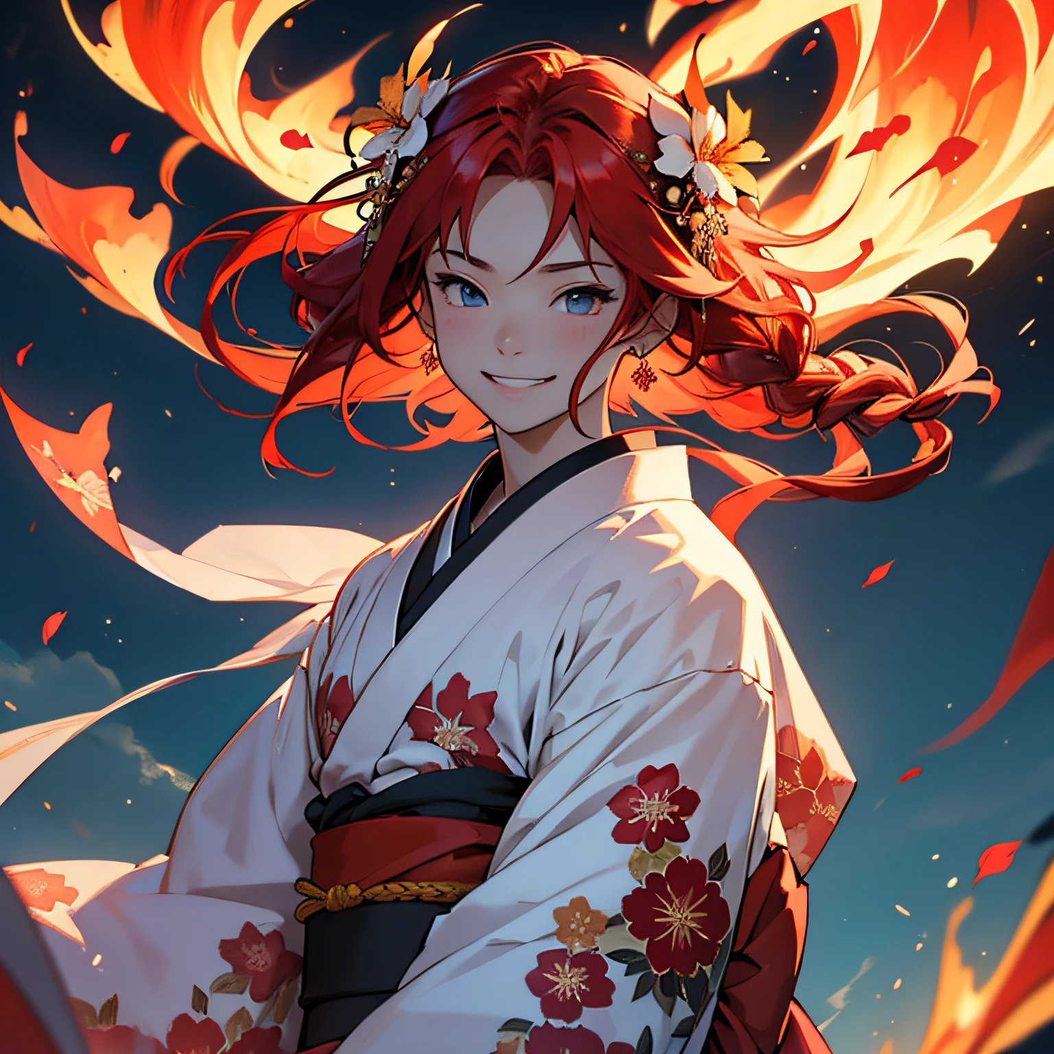 ((masterpiece)),((top-quality))、Original Characters、redhair、Kimono、Floral hair ornament、Manipulating the Flames、flowing in the wind、a smile