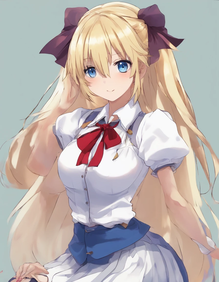 A hentai character named nanako von meinsfelt by Fan no hitori uploaded to Nhentai.net. Who is a blonde hair twintail ojou-sama. Wearing a black school uniform with a red cravat with a white cross on it. And plack pantyhose with brown mary jane shoes, a pleated skirt. And holding a giant mace with stunning blue eyes and large breasts.