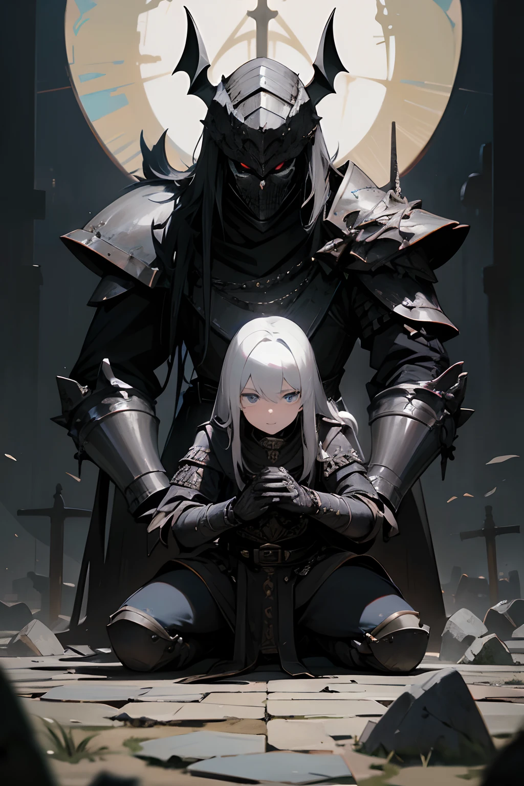 Masterpiece, best quality, detailed, trending on artstation, 1man, knight, deathknight, oathbreaker, white hair coming out of the sides of the helmet, looking at viewer, full plated, closed great helm, spiked pauldrons with detailed ornaments, skull chestplate with glinting stones, silvery details on armor, belts and buckles on waist, deteriorated Greaves, leather leggings, corrupted great sword stuck in the ground, praying on knees, destroyed church background, dim ambiance, ambiance night