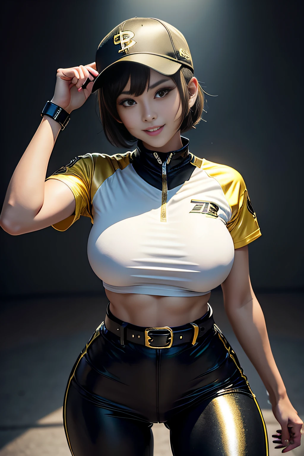 Very Shorthair Arafe Woman Solo、Big breasts about to burst、Metallic yellow and metallic black baseball uniforms、thin and long legs,、Fitness Body Shape、half-pants、a belt、Pose ready to fight、Mischievous smile