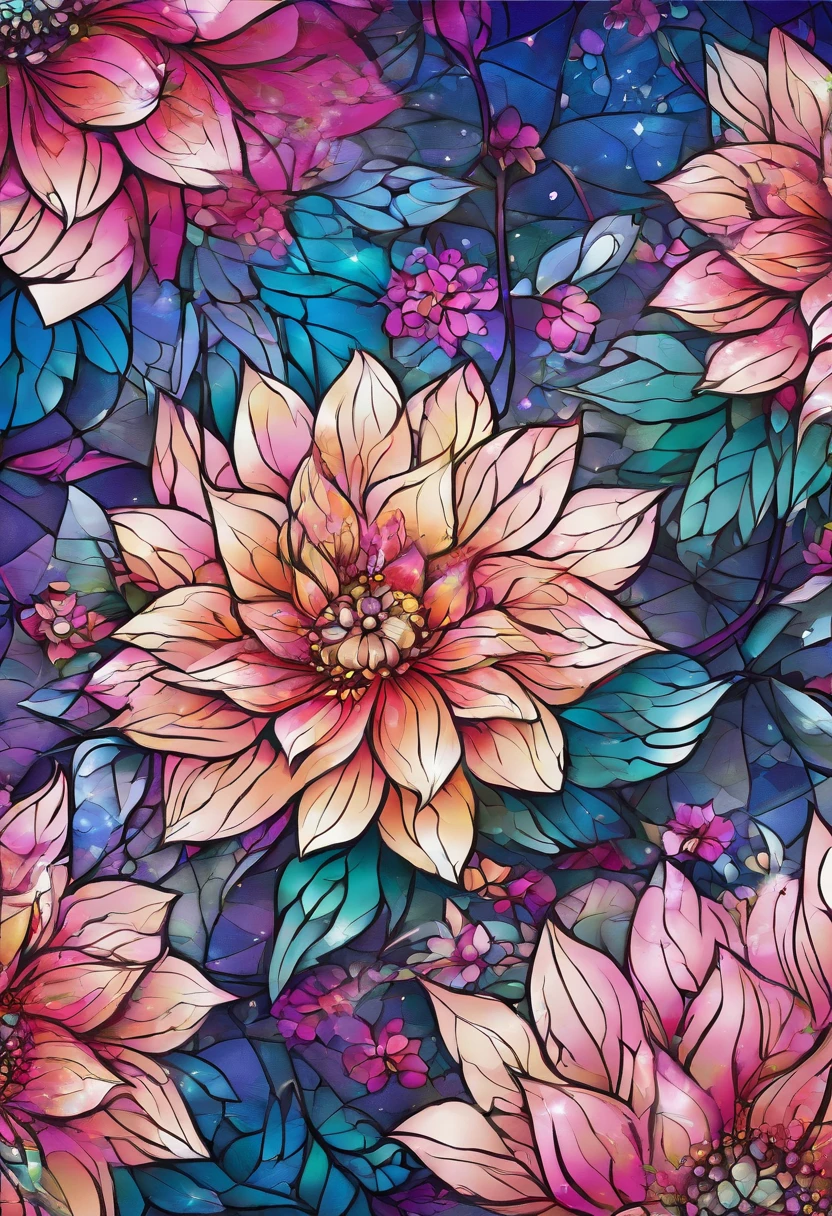 Digital art detailed for the best masterpieces, Highest Quality, bright delicate blue and pink dahlia flowers with elegant leaves,,1Only、Beautiful and elegant diamonds in the background, Graceful stems, And delicate, And elegant, flowey, Glittering petals, flowercore, surrounded flower, The sparkling magic of flowers, Beautiful animations, Bright flowers in 16K lace, Beautiful Art U Hard Disk 4K, Detailed painting in 4K, Beautiful flowers and crystals, Luminous flowers, huge flower, light bloom, full bloom, Flowers that shine with bloom ether effect, Magic colorful flowers with flower pieces in the middle of the garden, floral environment, Beautiful Art U Hard Disk 4K, magical flowers, Flower explosion, Beautiful digital painting detailed in emergency digital photography, Detailed painting in 4K, background artwork, Flower explosion, Floral color, highly-detailed digital painting, Appeared in 4K, Best Quality, hight resolution, 1080p, hard disk, 4K, 8K