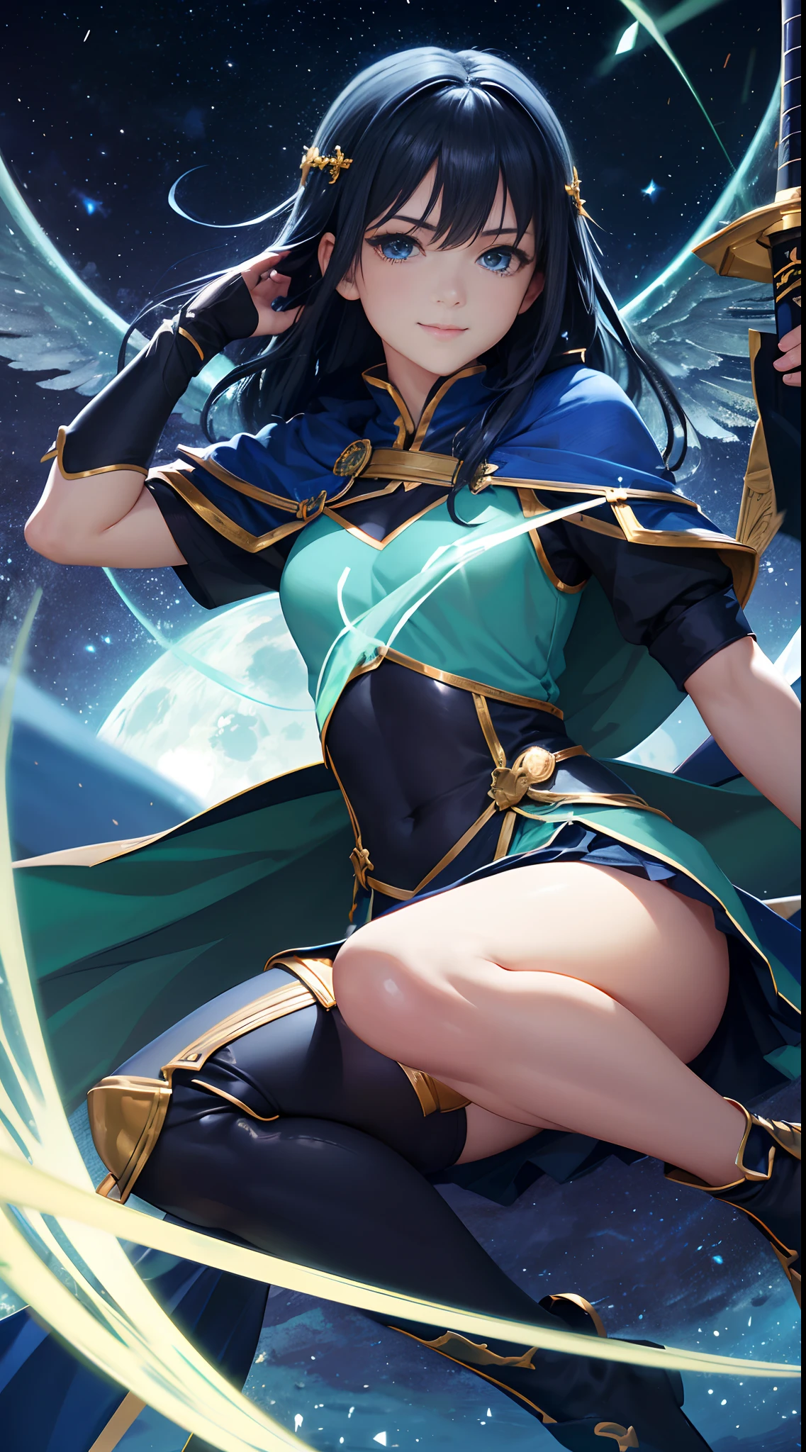 Full Body, Dark blue-haired young girl, blue eyes, angelic body and face, and a green ninja outfit with a mini skirt, wield a katana, wear a cloak, shield, and golden circlet, sitting on the throne of green moon, green seraphic wings, green cloud, and wind background scene, the magic circle with a diamond star, innocent smile, stable diffusion v5, anime style v3, lora style v5, dynamic, image enhance, dream shape, vibrant, realistic face, 32k resolution, upscale, sharp focus, best quality, masterpiece, ghostmix, flat color, flat light.