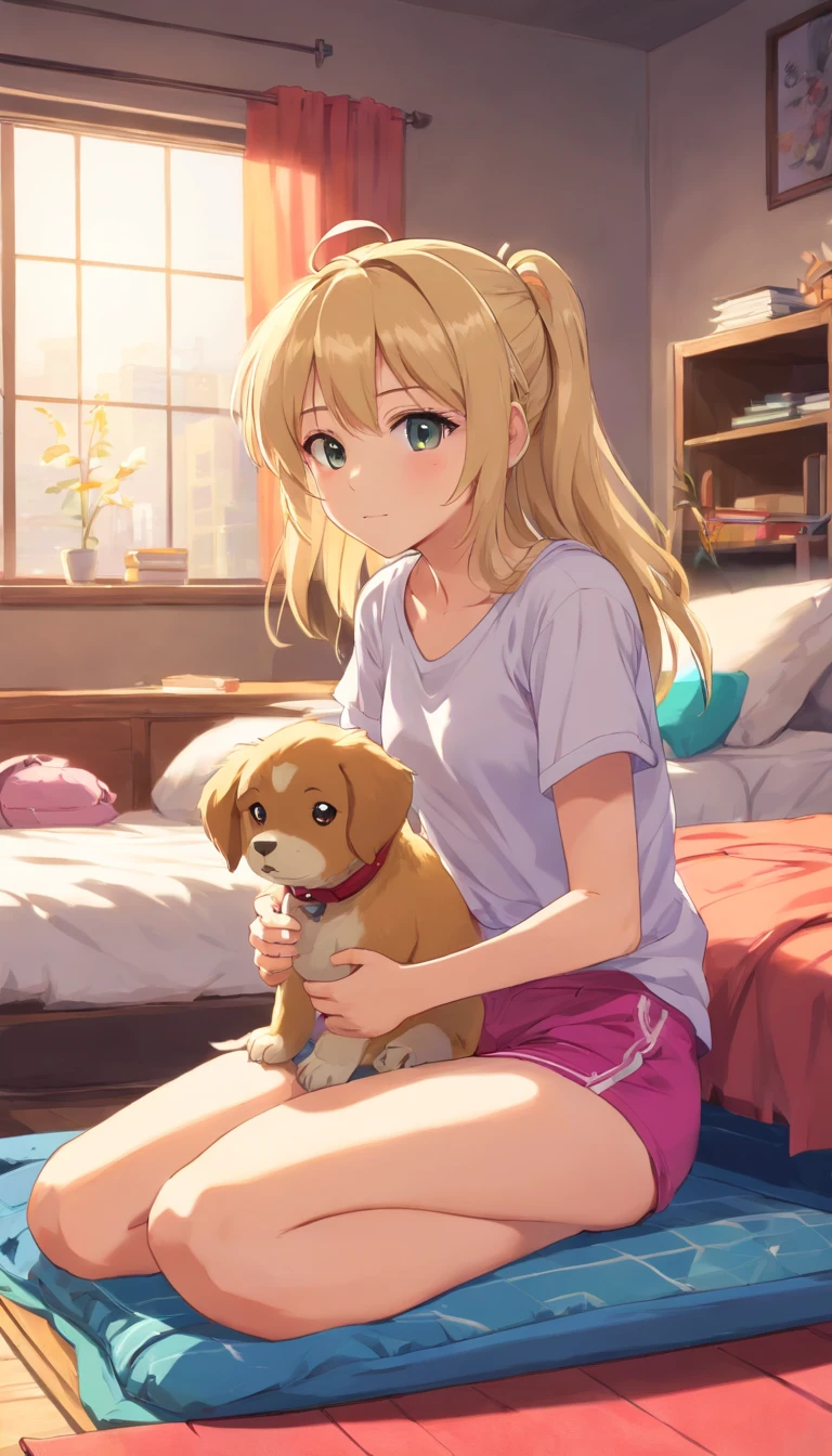 30 year old healthy doggirl long messy blonde hair, Hair accessories, Feliz_rosto, Boca Aberta, , orelhas de cachorro, rabo de cachorro, camiseta, pink gym shorts, na sala de estar, sitting on the dog's bed, dog toy