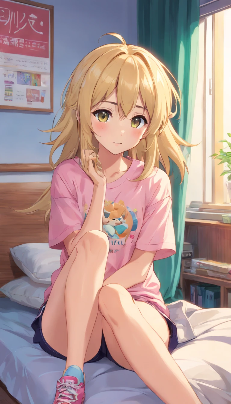 30 year old healthy doggirl long messy blonde hair, Hair accessories, Feliz_rosto, Boca Aberta, , orelhas de cachorro, rabo de cachorro, camiseta, pink gym shorts, na sala de estar, sitting on the dog's bed, dog toy
