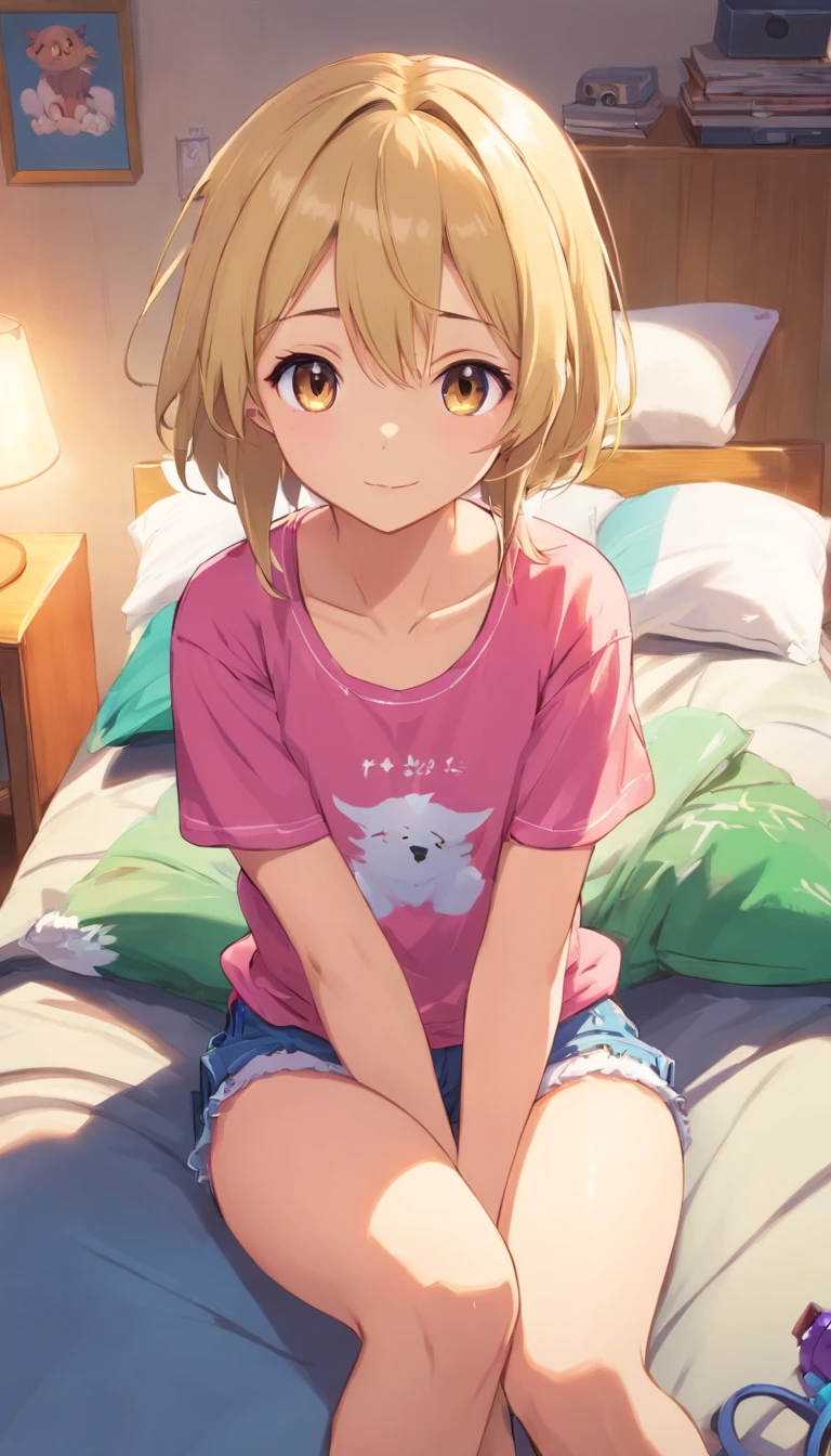 30 year old healthy doggirl long messy blonde hair, Hair accessories, Feliz_rosto, Boca Aberta, , orelhas de cachorro, rabo de cachorro, camiseta, pink gym shorts, na sala de estar, sitting on the dog's bed, dog toy