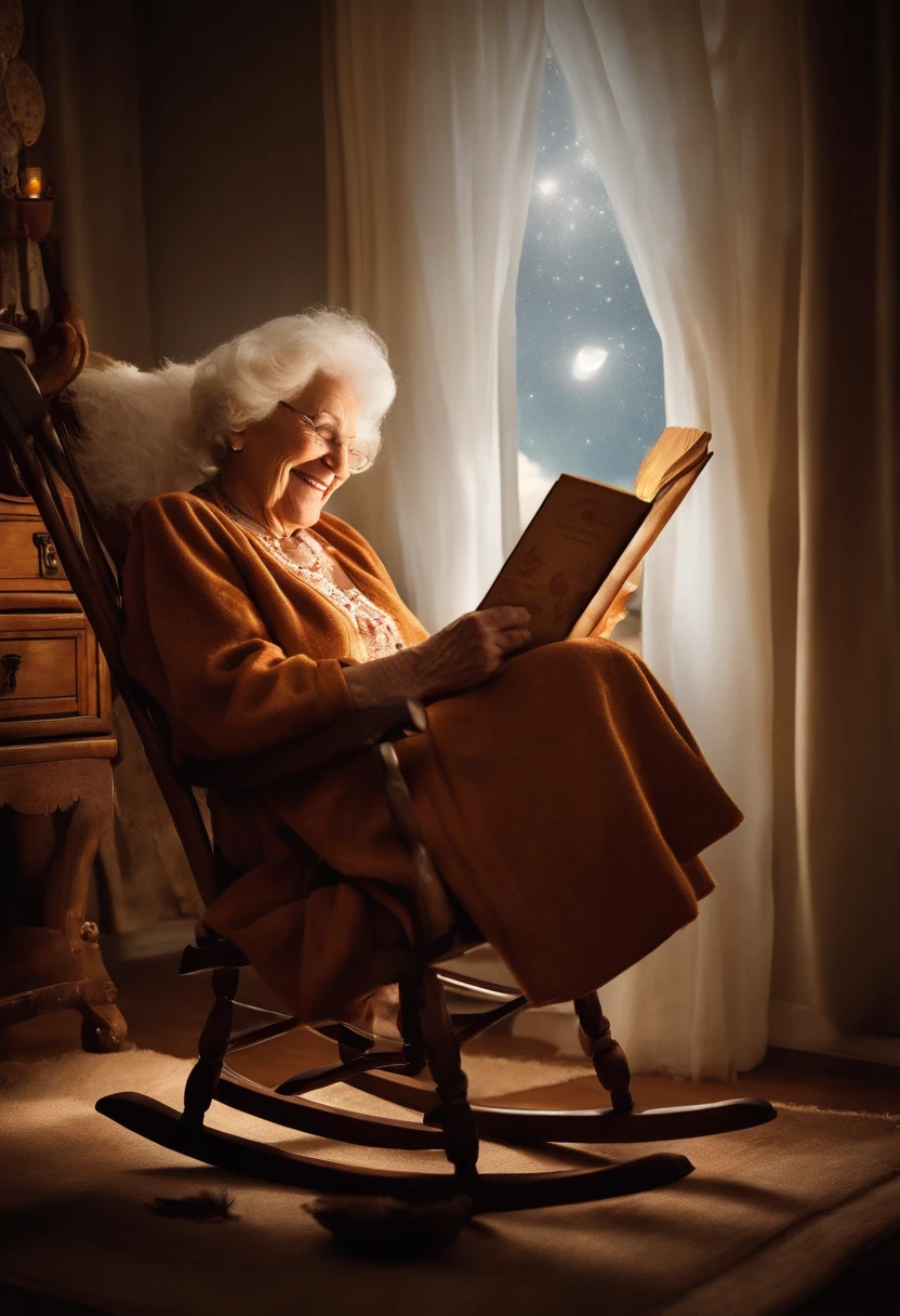 Style-NebMagic, an award winning masterpiece photo of solo, old lady Mother Goose smiling and sitting in a rocking chair under the stars, (((from above))), old woman, wrinkles, jovial, fairytales, cute robes, reading a book, majestic, loving, happiness, full body, stars and moon, happiness, natural lighting, dynamic lighting, beautiful lighting