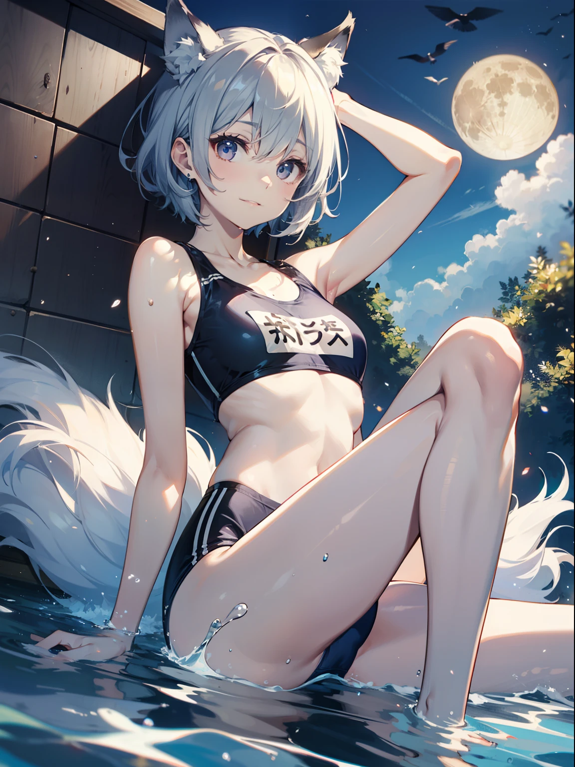 top-quality、Full limbs、complete fingers、Slender beauty、One、ssmile、embarassed expression、School swim wear、Bery short hair、straighten your legs、fullmoon、wolf