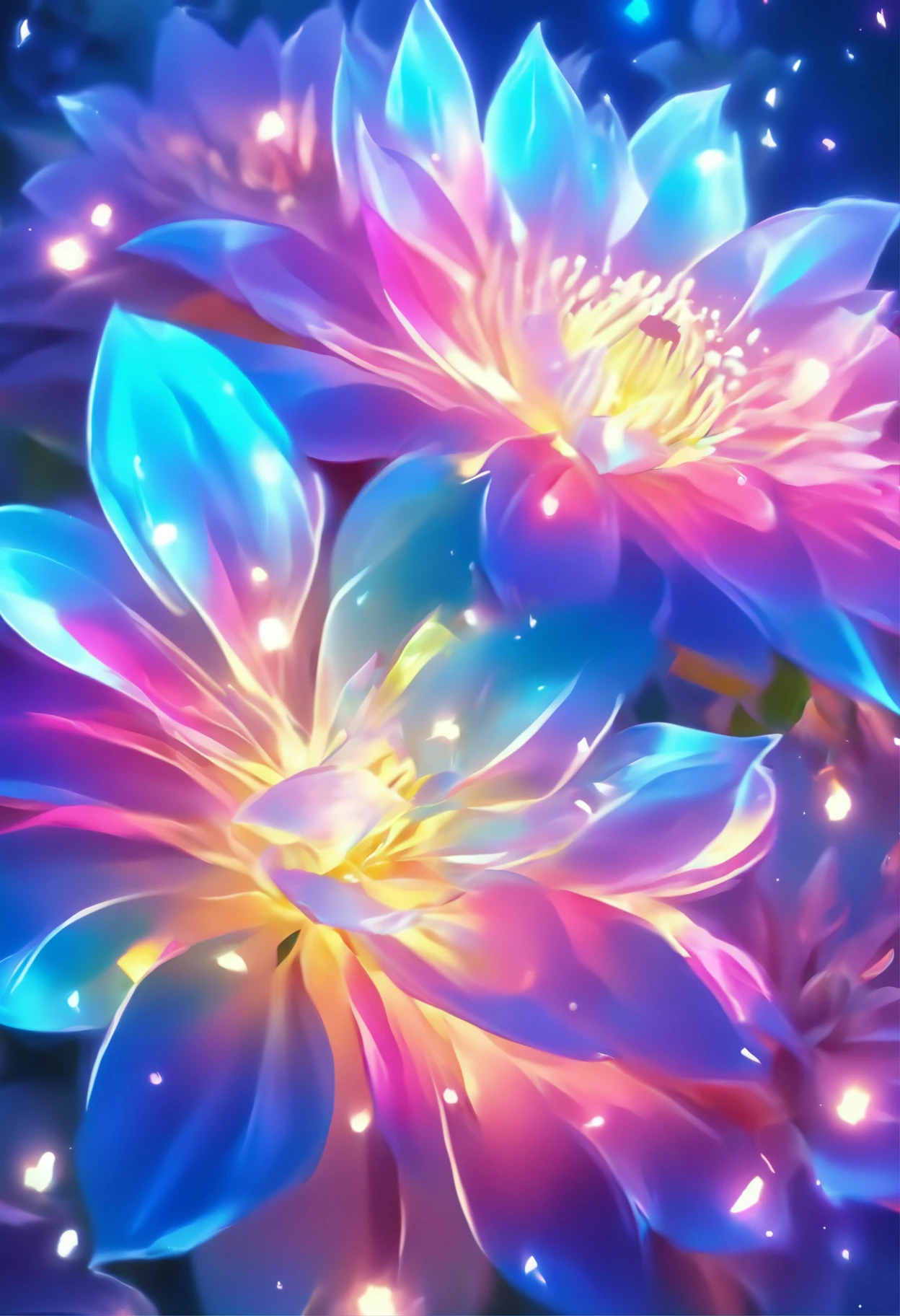 Digital art detailed for the best masterpieces, Highest Quality, bright delicate blue and pink dahlia flowers with elegant leaves,,１Only、Beautiful and elegant diamonds in the background, Graceful stems, And delicate, And elegant, flowey, Glittering petals, flowercore, surrounded flower, The sparkling magic of flowers, Beautiful animations, Bright flowers in 16K lace, Beautiful Art U Hard Disk 4K, Detailed painting in 4K, Beautiful flowers and crystals, Luminous flowers, huge flower, light bloom, full bloom, Flowers that shine with bloom ether effect, Magic colorful flowers with flower pieces in the middle of the garden, floral environment, Beautiful Art U Hard Disk 4K, magical flowers, Flower explosion, Beautiful digital painting detailed in emergency digital photography, Detailed painting in 4K, background artwork, Flower explosion, Floral color, highly-detailed digital painting, Appeared in 4K, Best Quality, hight resolution, 1080p, hard disk, 4K, 8K