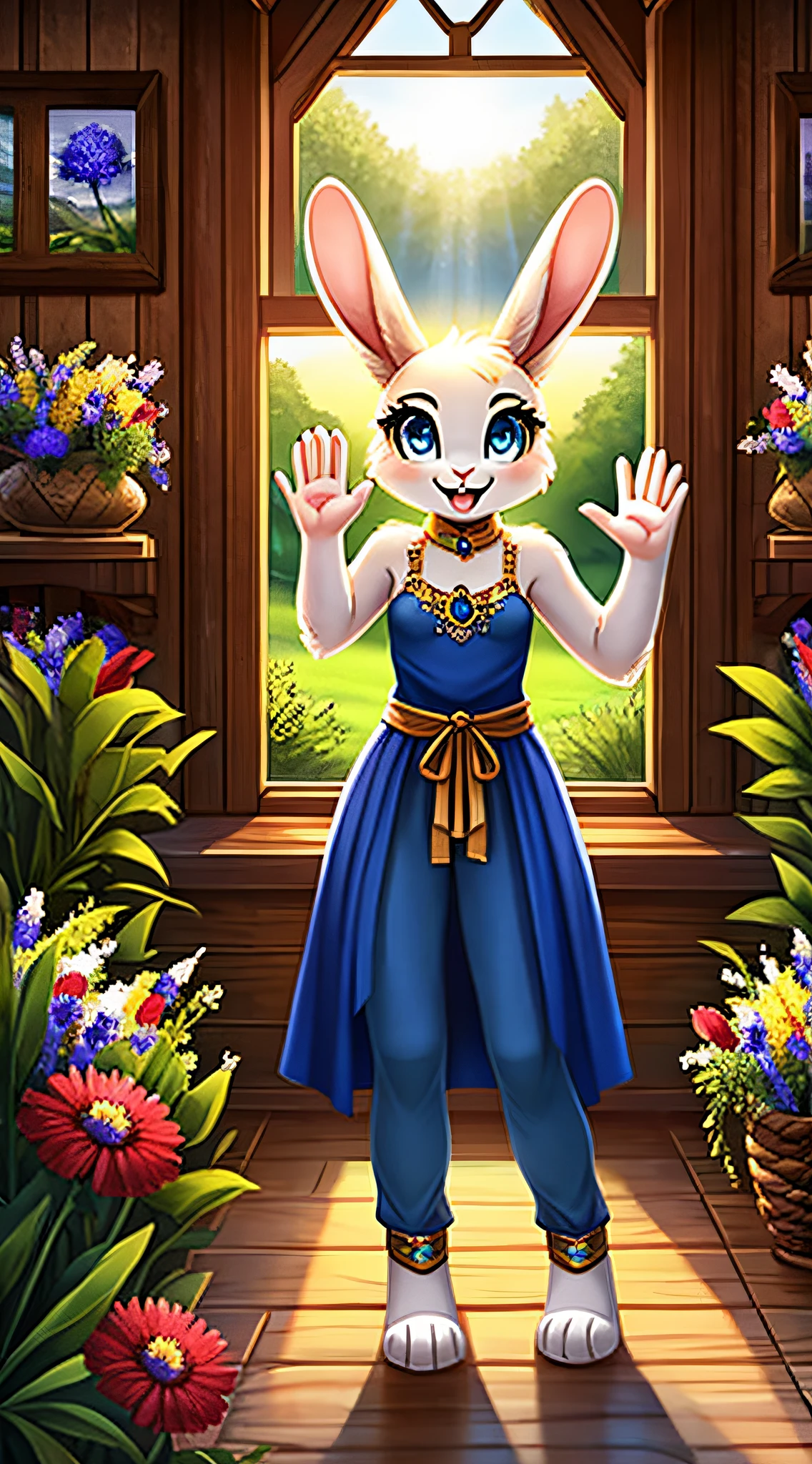 fantasy style art, cute, adorable, attractive, teenage fluffy female white bunny with blue eyes, attractive body, small round breasts, curvy body, 4 ears, 2 extra ears, big floppy ears, long ears, ears perked up, raised ears, long eyelashes, red frilly dress flower design, ankle length blue jeans with bell bottoms, standing in a forest cottage, waving hello, hillside country cottage interior, flowers inside, big expressive smile, open mouth, wide eyes, excited eyes, excited face, stunning visuals, sunrays through the window, digital illustration