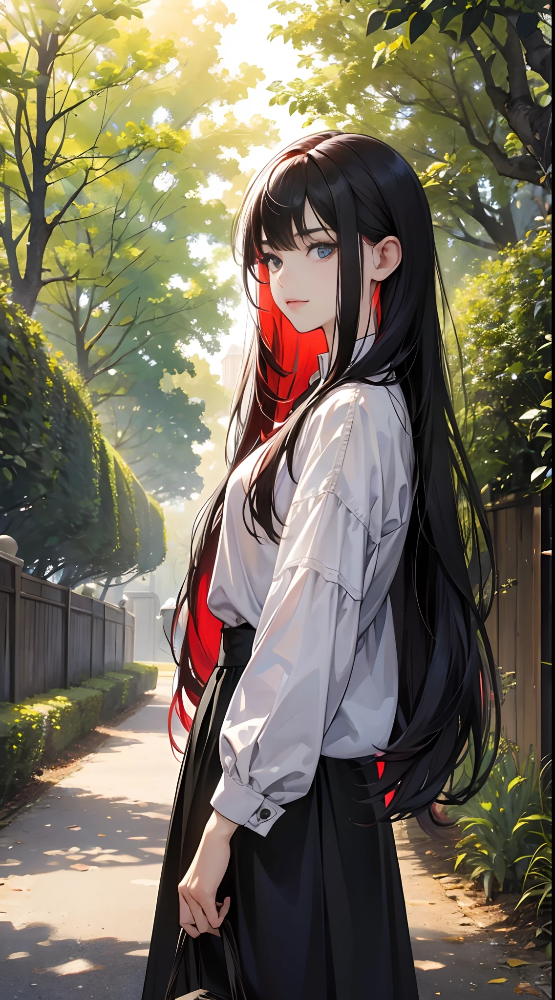 (Best Quality,4K,High resolution), 18yo woman, Red mesh hair on black hair, Long hair, Straight hair,  , Comical appearance，Delicately drawn illustrations down to the smallest detail, Realistic portrayal,outside of house，Sunlight through the trees，a park，sideways Facing，Look at viewers，stroll，Oversized clothes，glares，Cold eyes，sharp eye，Scenery of a walk