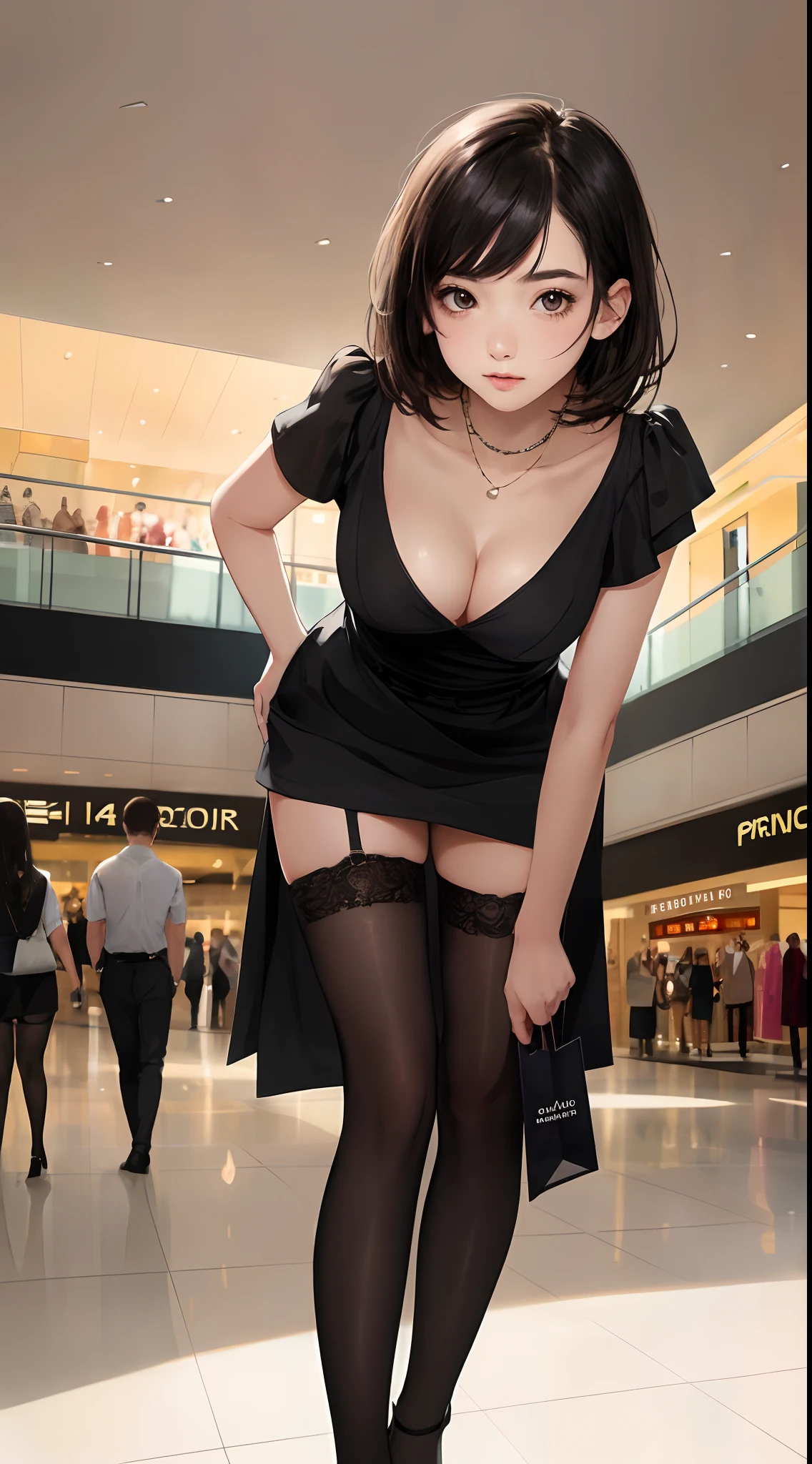 ((14 year old pre-teen girl)), tiny black dress with a V-neck, black stockings up to her waist, high heels, cleavage on her breasts, leaning forward, photo of her breasts to her face, very fair skin, short hair, shopping mall, photorealistic, indirect lighting, volumetric light, ray tracing, hyperdetailed