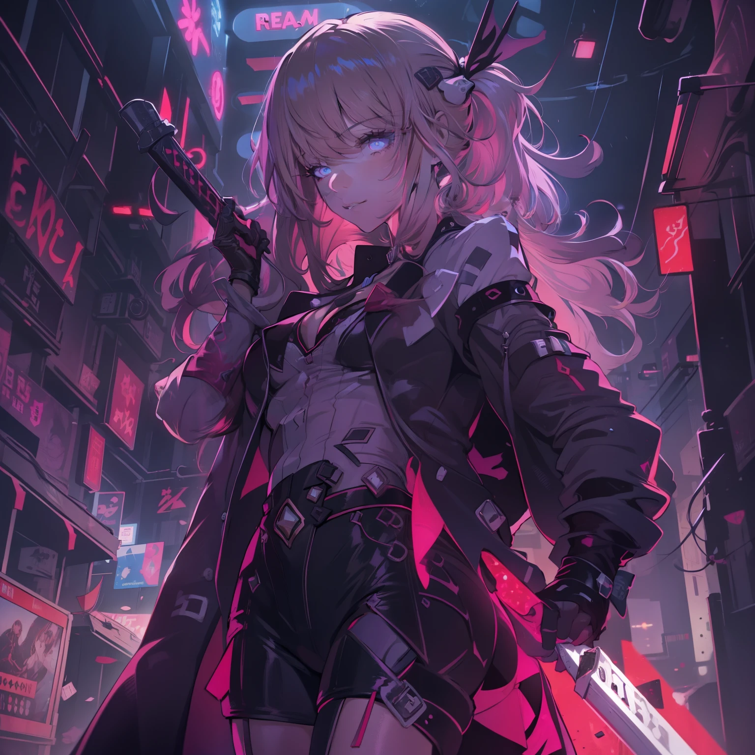 female , Un adolescente con cabello corto y blanco como la nieve , sporting a mysterious full-face that has glowing purple eyes , vestido con una llamativa camisa roja y un largo abrigo negro, Deftly wielding a pair of dual long swords, one bright in vibrant red and the other hypnotically purple.. The scene unfolds against the backdrop of a dystopian cyberpunk city at night.., pulsing with neon lights and a futuristic aura, All rendered in stunning high-resolution 8K quality