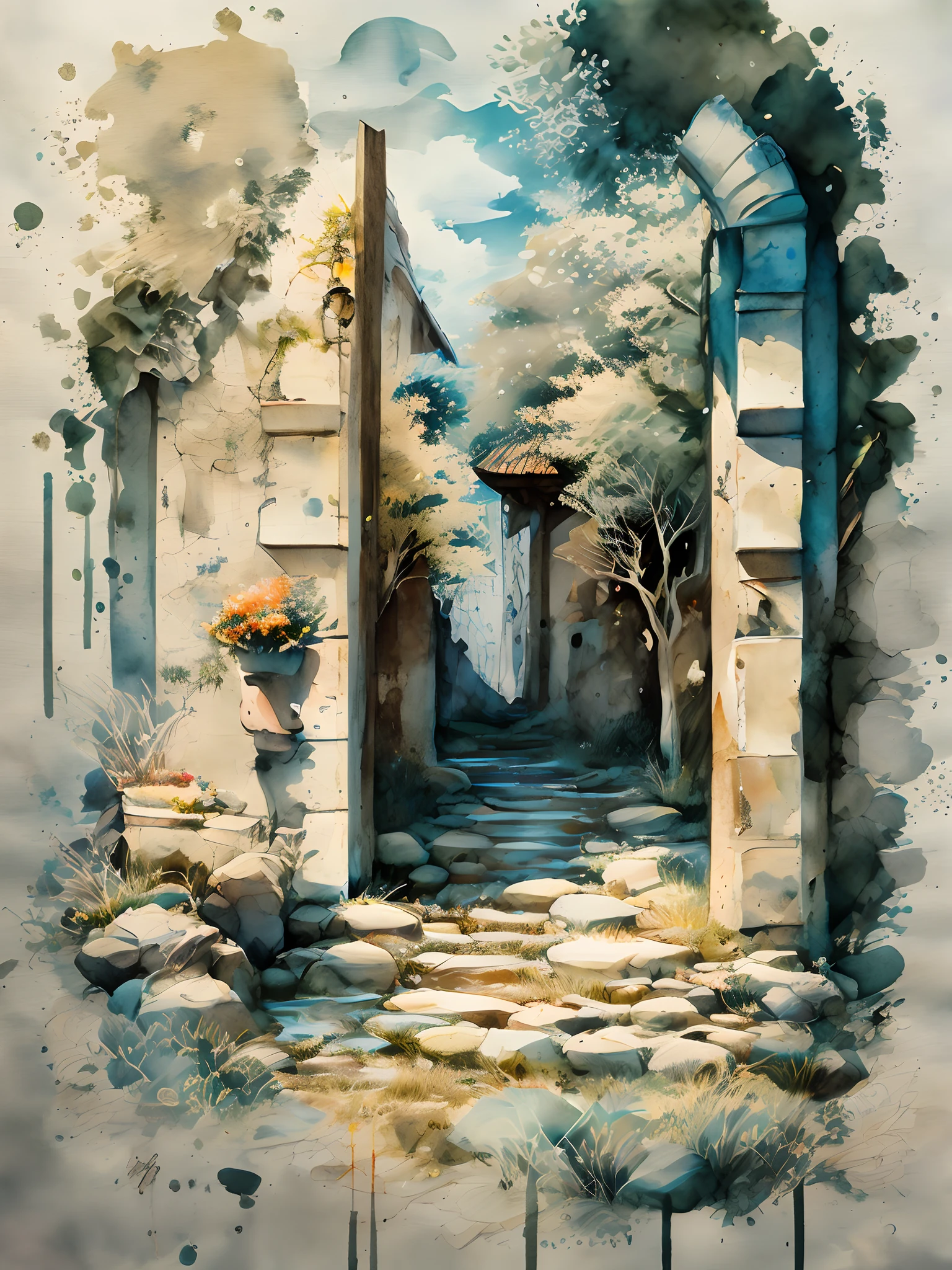 miaobishenghua  , [(white background:1.5)::5], 1 girl, mid shot, full body, butterflies, flowers,floating petal,stone fragment, beautiful detailed water,cloud,sun,dusk,sunset,beautiful detailed gate,