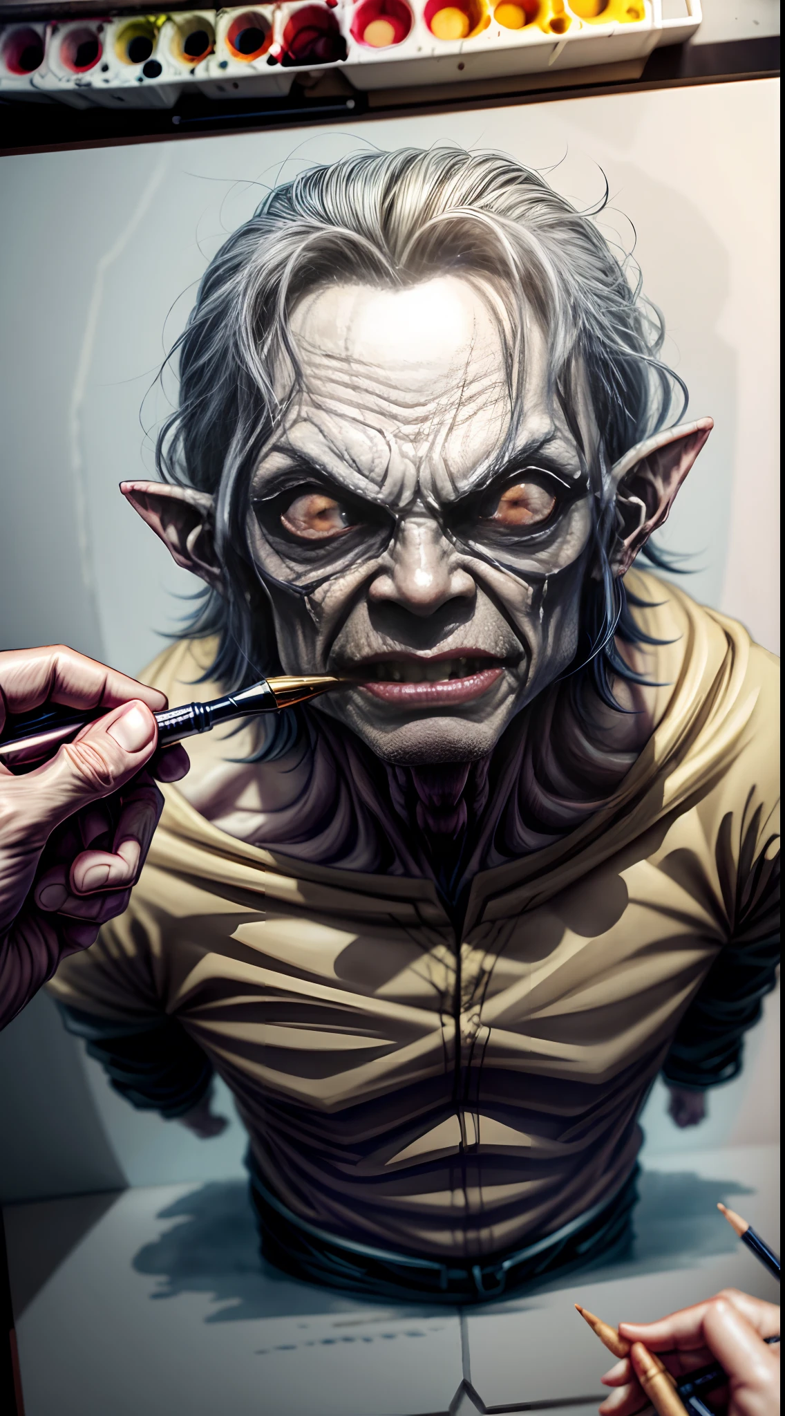 A spooky Gollum from LOTR in naruto anime drawing art style, watercolor, in a cave with a dark background
