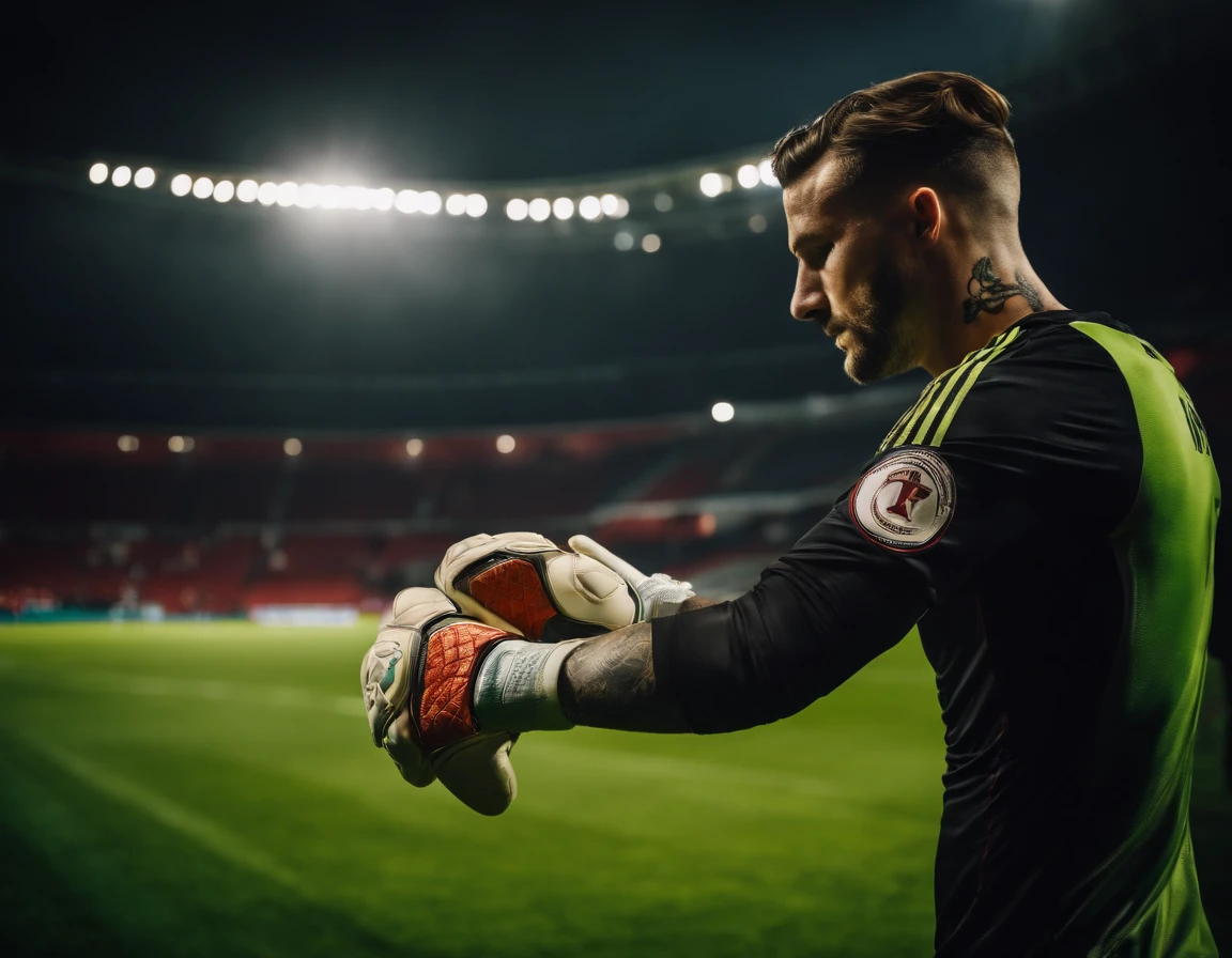 Homem Soccer Player Goalkeeper with tattoos, goalkeeper glove on his hand, Photo during the game on the field, In ajax