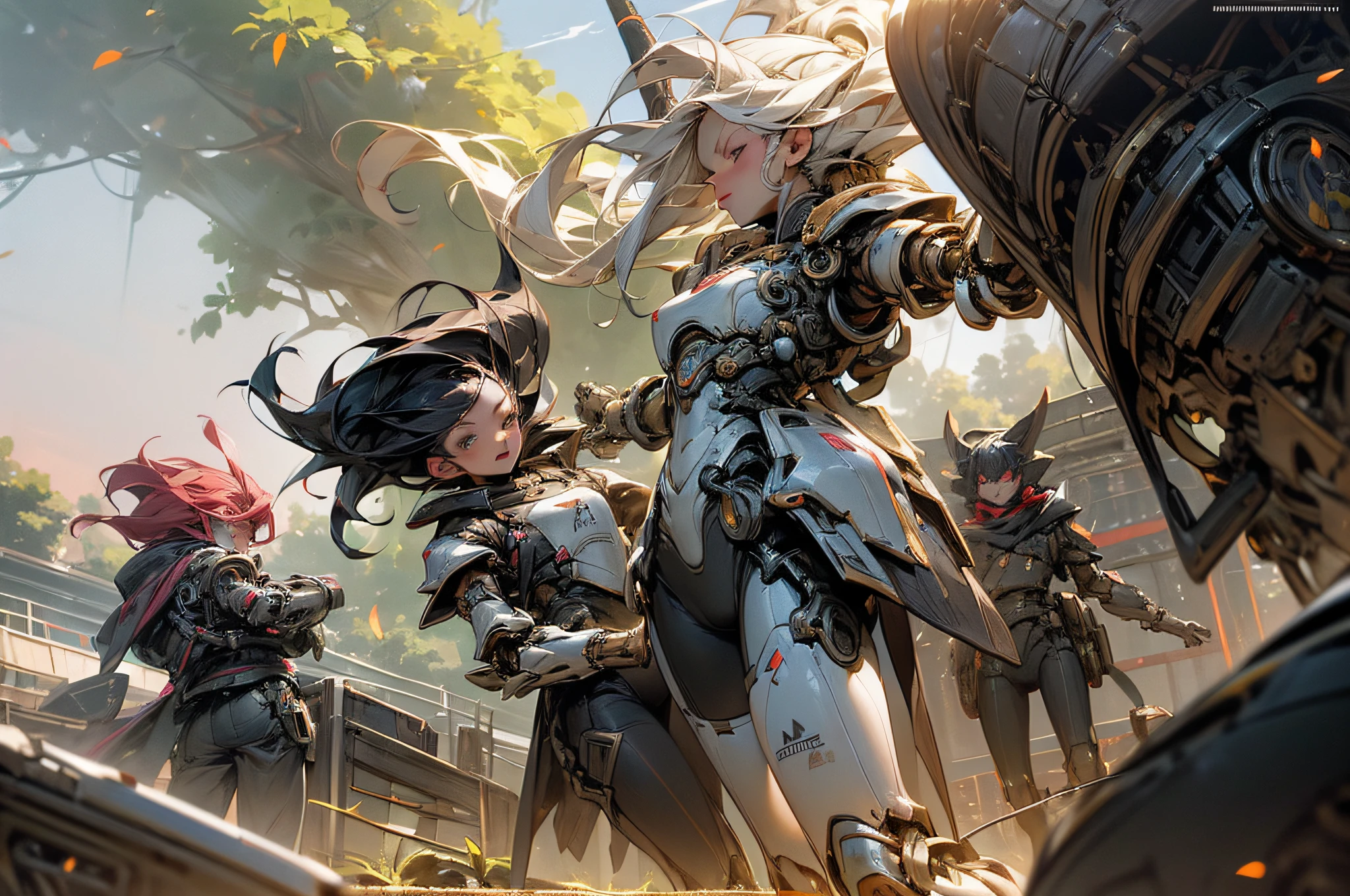 (Epic fight scene), (epic), coucher de soleil, ((4 filles)), (1 fille japonaise peau laiteuse, longs cheveux noirs), (1 Russian girl with white skin, cheveux roux), (1 Argentina tanned, Cheveux courts), (1 mixed-race girl, Coupe de cheveux style afro), (((Mechanical and cybernetic parts of arms and legs))), ((Non-vulgar cybernetic armor outfits)), Low sun on the horizon, Devastated jungle in the background,