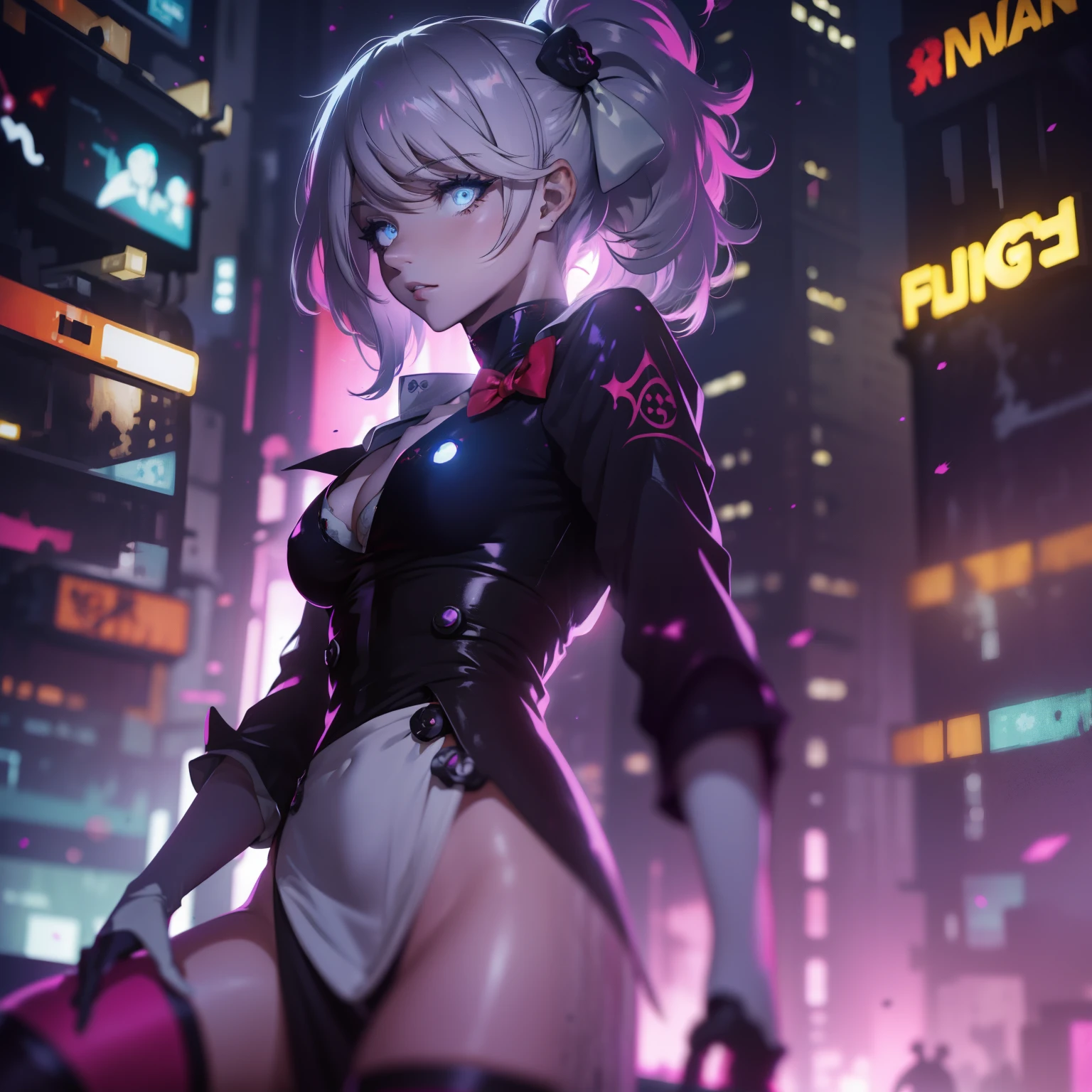 female , Un adolescente con cabello corto y blanco como la nieve , sporting a mysterious full-face that has glowing purple eyes , vestido con una llamativa camisa roja y un largo abrigo negro, Deftly wielding a pair of dual long swords, one bright in vibrant red and the other hypnotically purple.. The scene unfolds against the backdrop of a dystopian cyberpunk city at night.., pulsing with neon lights and a futuristic aura, All rendered in stunning high-resolution 8K quality